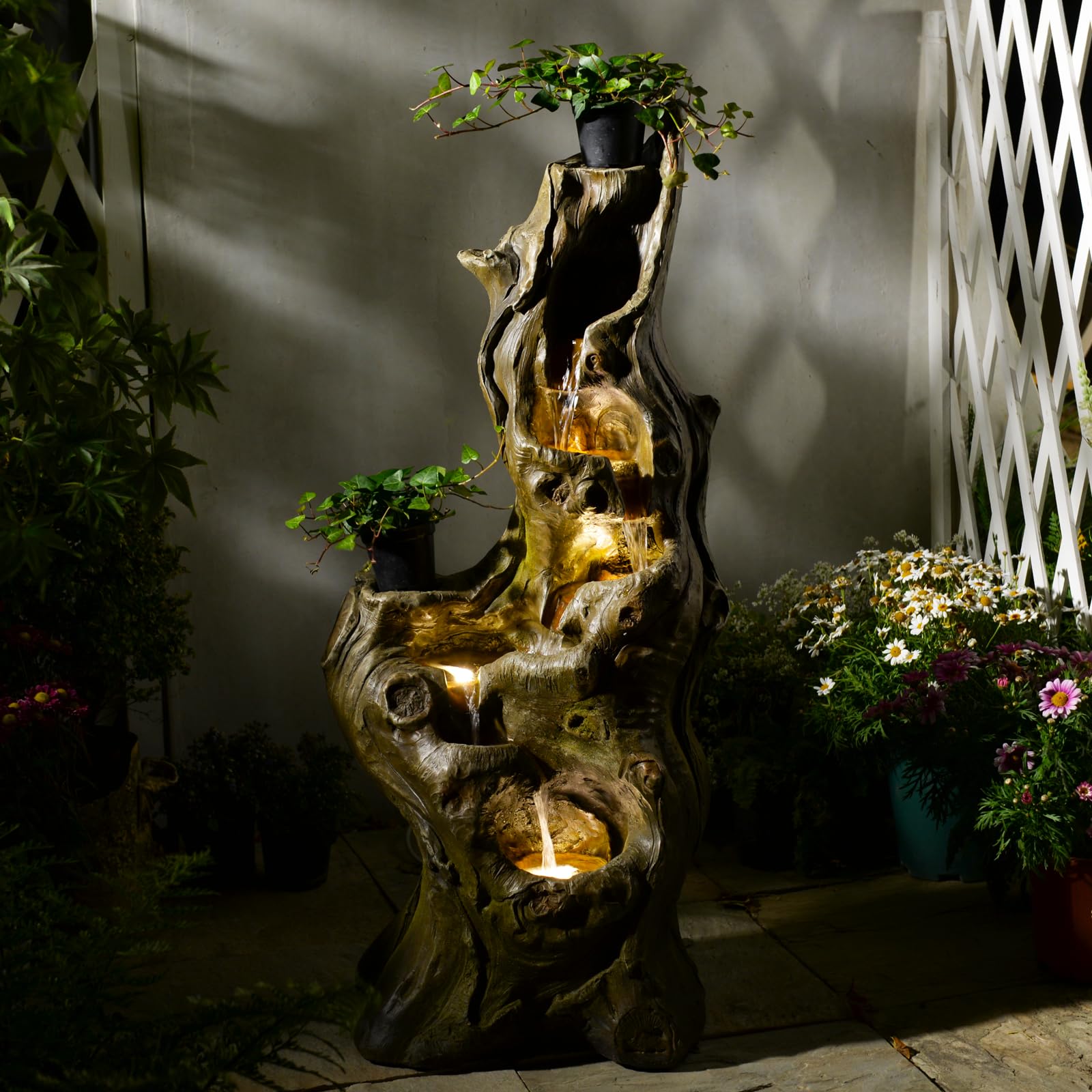 Bumilgar Caractéristiques d'eau de jardin 5 niveaux Grande cascade réaliste Tronc d'arbre naturel Fontaine extérieure en résine Imitation bois avec lumières LED pour jardin, patio, terrasse 101 CM