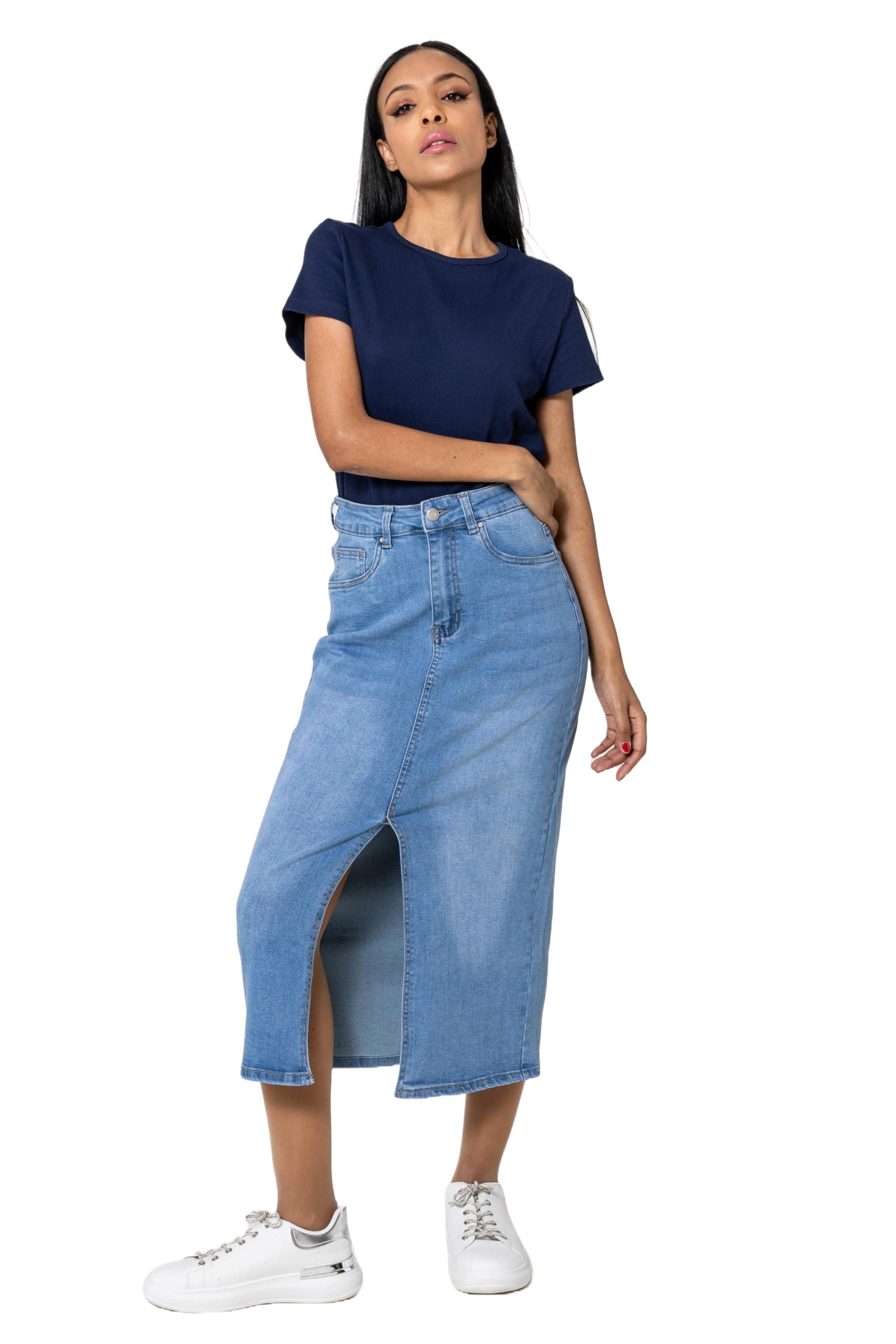 Nina Carter P215 Jupe en jean pour femme - Taille haute - Longueur mollet - Avec fente avant - Jupe longue - Fermeture éclair - Stretch - Look usé