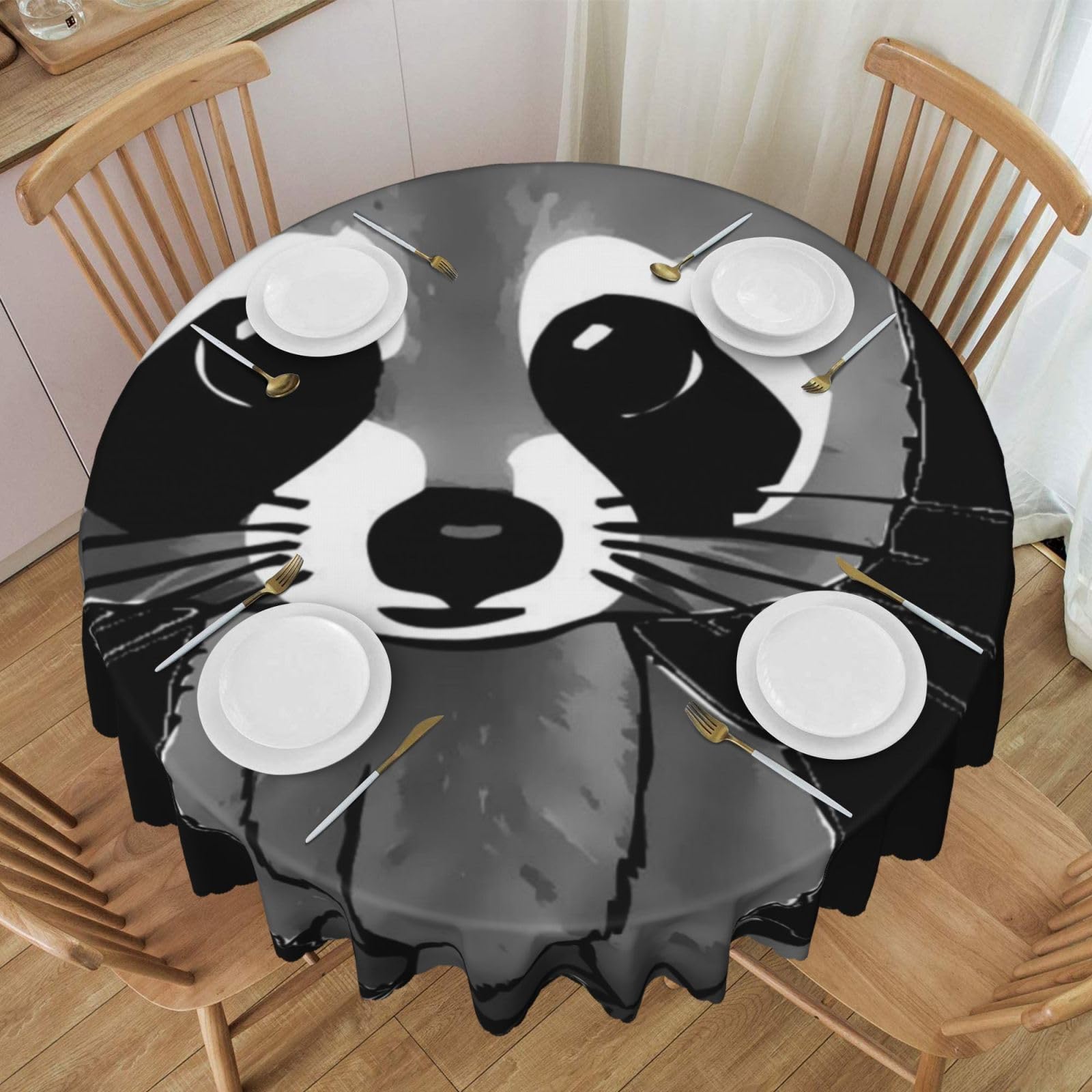 DCEHGEW 60 In Round Tablecloth with Lace, Cartoon cute raccoon Printed Oilproof & Washable Fabric Picnic Table Cloth Table Covers