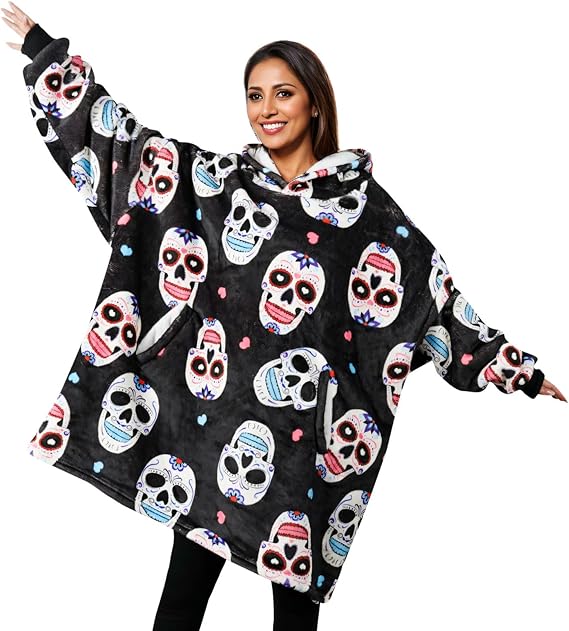 Sugar Skull Gifts for Women, Day of the Dead Gifts, Wearable Blanket Hoodies for Adults, Oversized Flannel Hooded Blanket, Gifts for Birthday, Christmas, and so on, One Size Fits All
