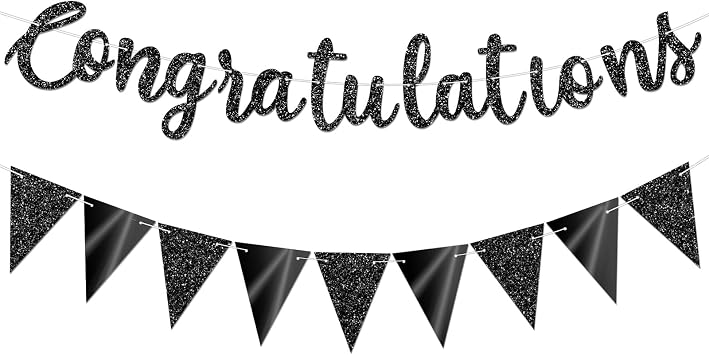 Glitter Black Congratulations Banner with Black Triangle Bunting Garland for Graduation, Wedding, Bridal Shower, Engagement, Retirement, Baby Shower, Birthday, Anniversary, Celebration Party Decorations, No DIY.