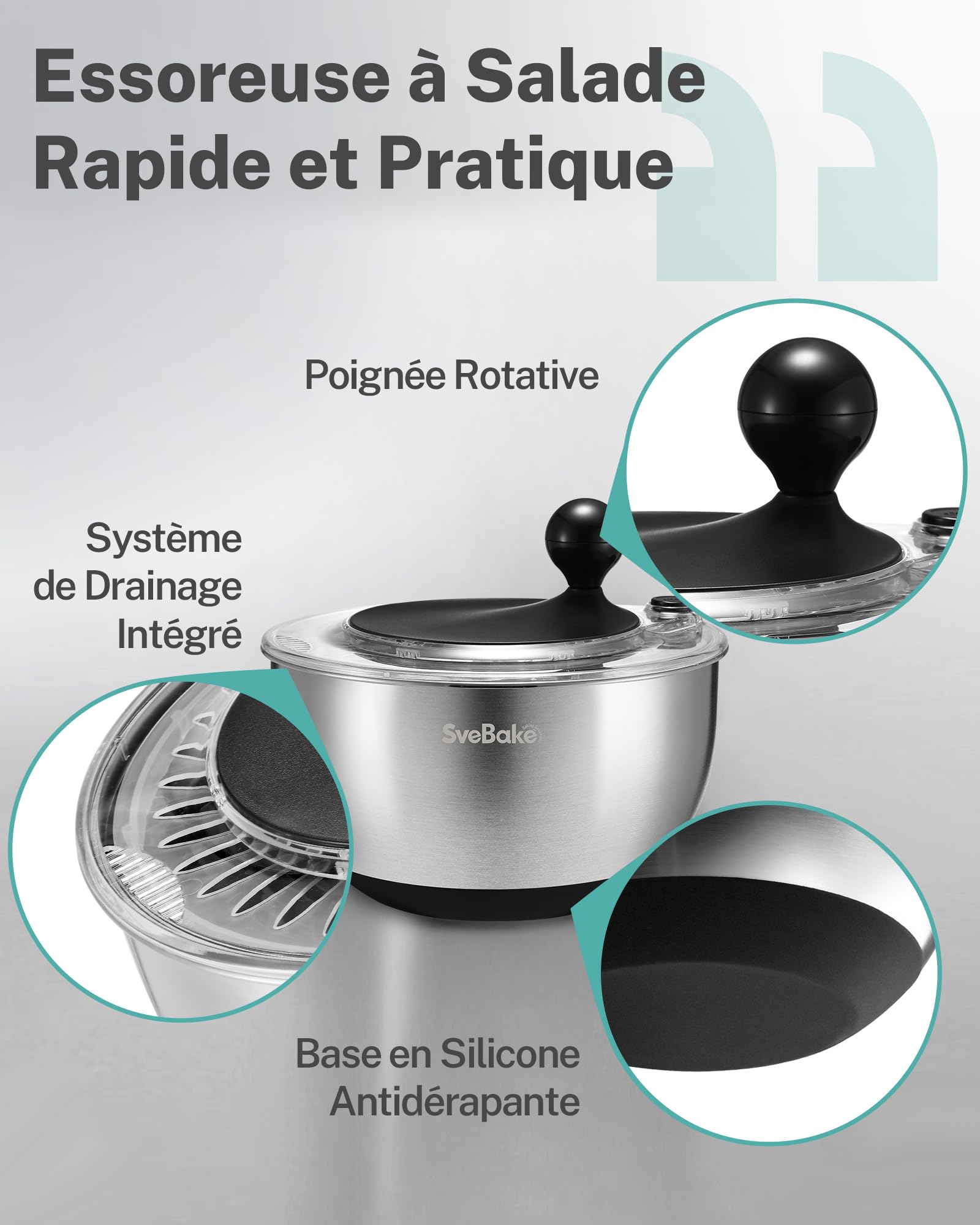 SveBake Essoreuse à Salade en Acier Inoxydable, 5L Spinner à Salade avec Bouton Stop, Base Antidérapante, Passe au Lave-Vaisselle, Sans BPA