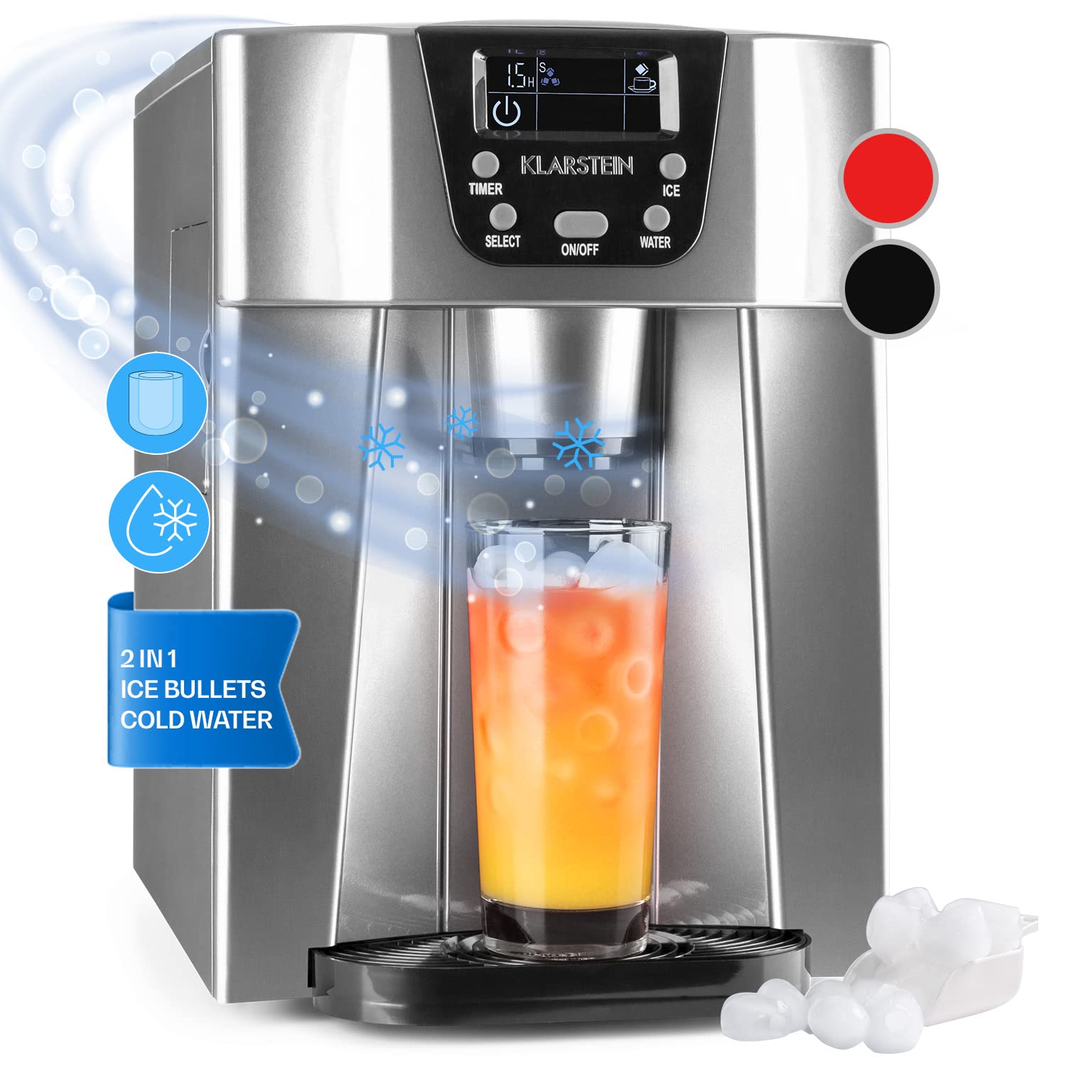 Klarstein Small Ice Maker Machine, Counter Top Ice Machine For Home and Kitchen, 2L Capacity, Fast Operation, Makes 12kg of Ice, Dispenses Cold Water, Bullet Ice Cube Maker Machine