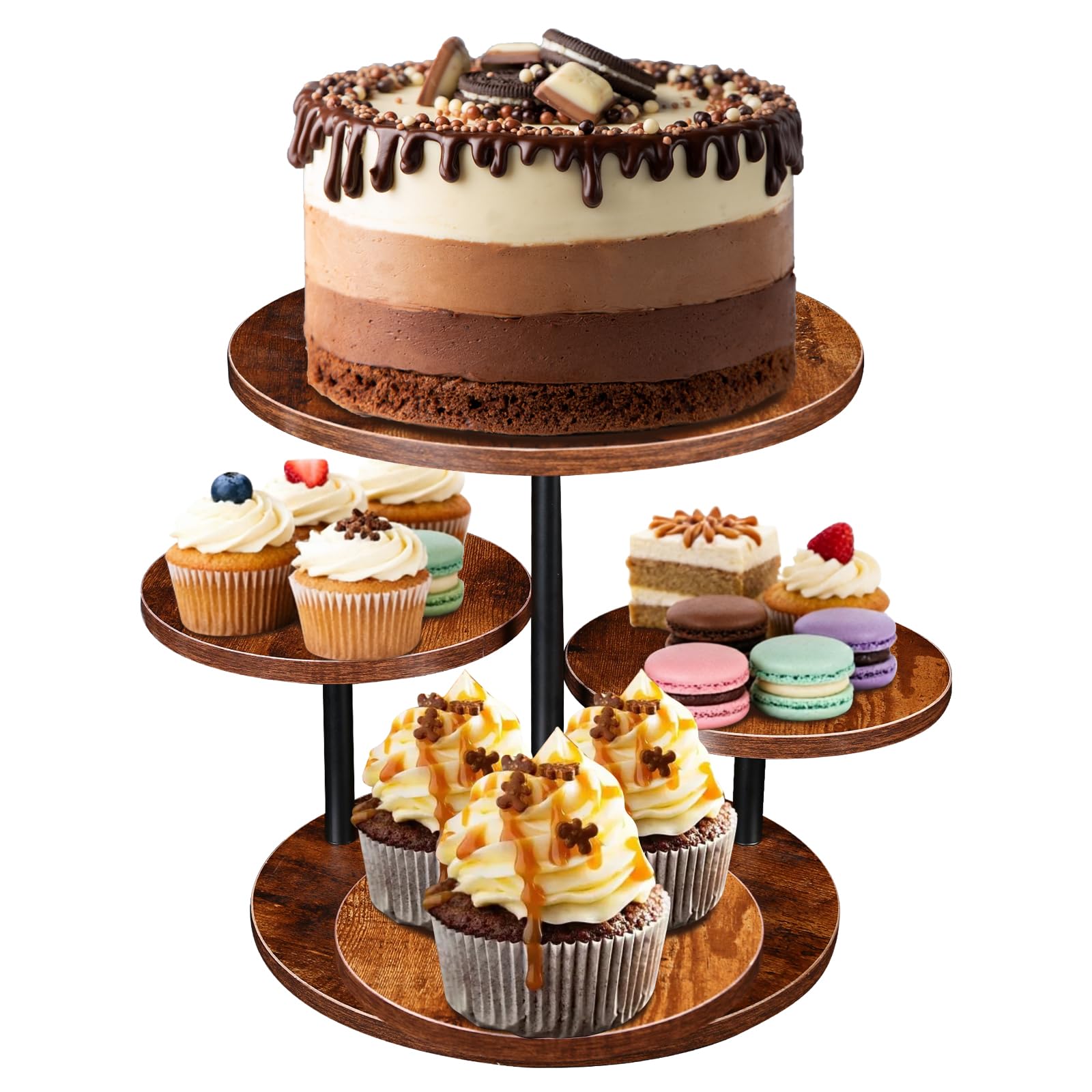 Forgevale 4 Tier Wooden Cupcake Stand, Rotating Dessert Display Stand, Rustic Cake Stand Tower for Afternoon Tea, Wedding, Birthday Party, Cupcake Holder with Stable Base