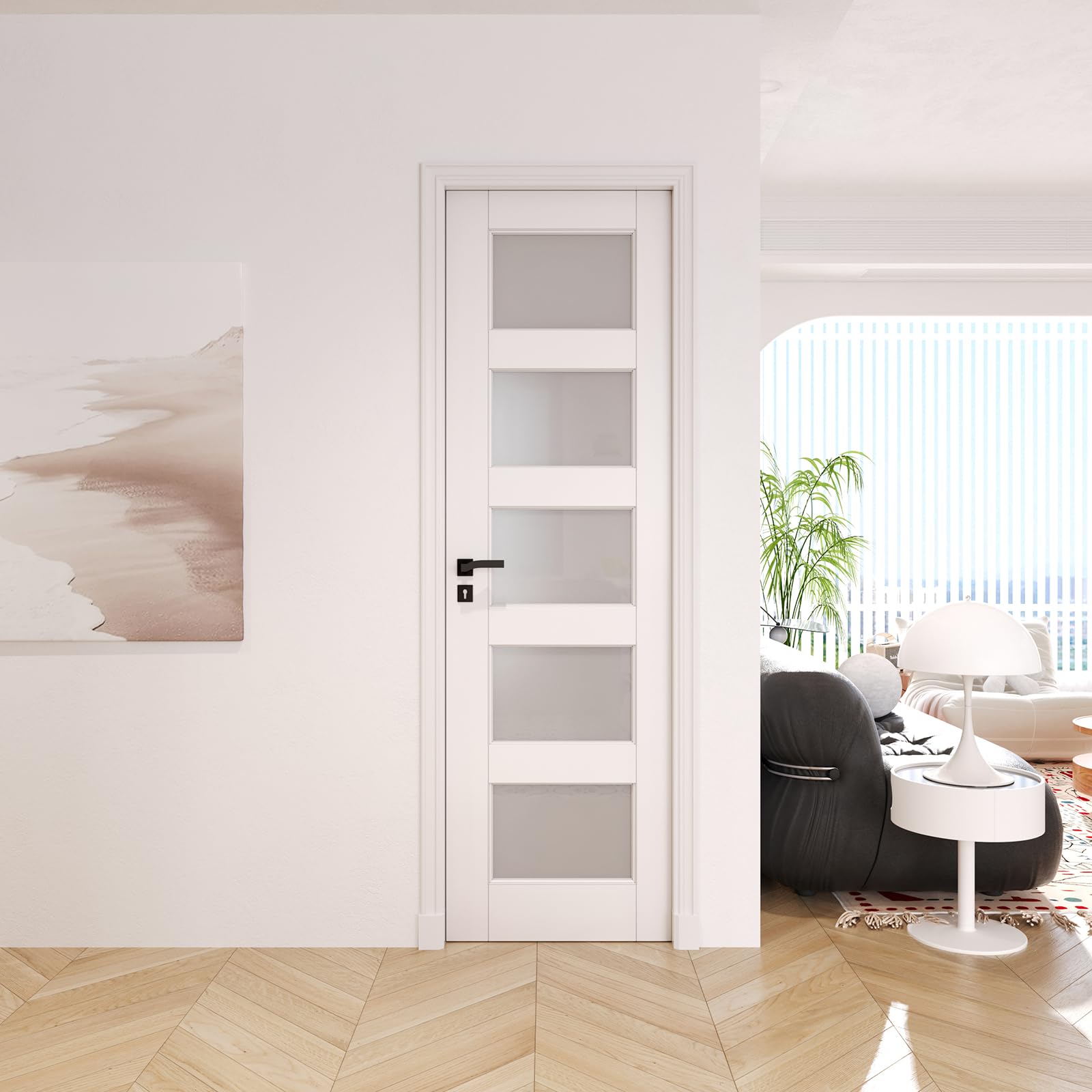 24" x 80" Slab Door, 5-Panel Frosted Glass Interior French Door Slab, Soild Core&Pre-Finished Surface Single Panel for Living Room Pantry Laundry Closet, No Assembly Required-Shaker w/o Hardware