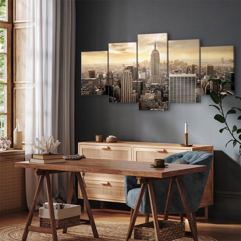 decomonkey Cuadro Lienzo Nueva York Sepia Horizonte 200x100 cm 5 piezas | Impresión sobre material tejido no tejido, decoración de cuadro de pared, gráfica fotográfica, para salón, diseño 1