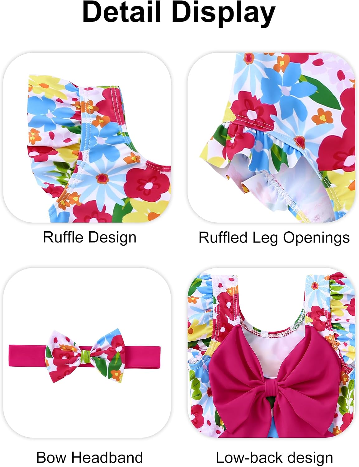 Redair Toddler Girl Swimsuit One Piece Baby Bathing Suit Ruffle Kids Swimwear with Headband for 12M-5T