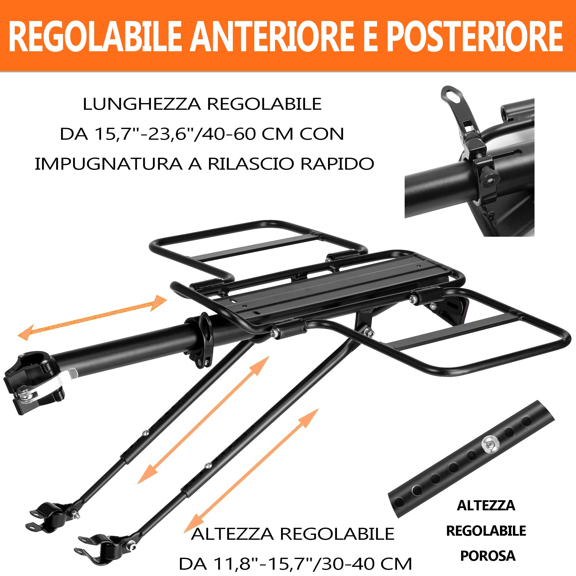 Portapacchi Posteriore per Bicicletta, Portapacchi Pieghevole con Alette Larghe, Sgancio Rapido, Universale, Grande Capacità, Altezza Regolabile, Adatto per 61-73,5 cm