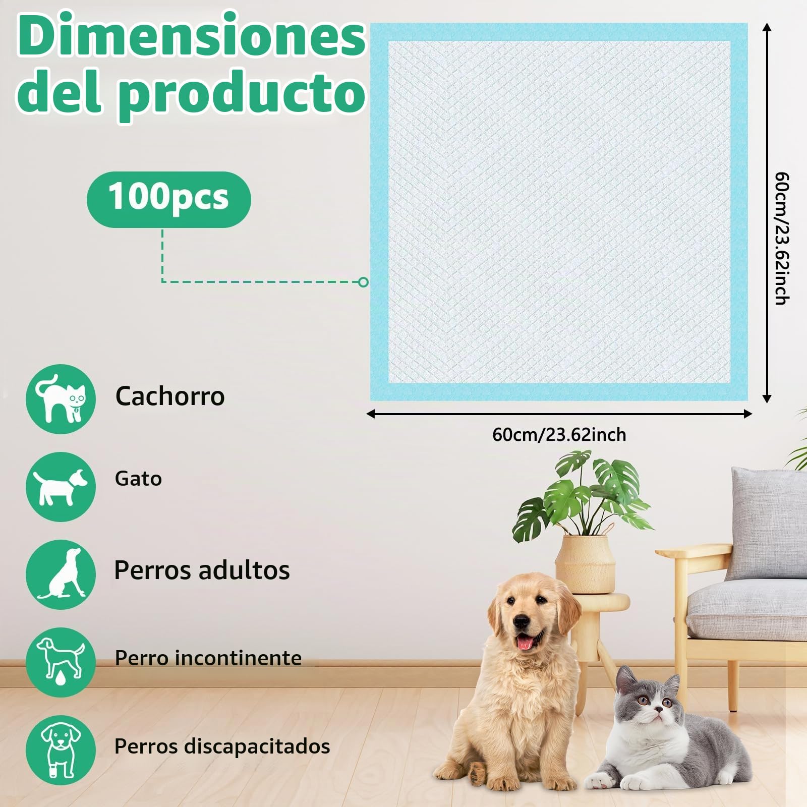 100 Piezas Empapadores Perros, 60x60 cm Resguardos para Cães, Almohadillas de Adiestramiento de Gatos y Cachorros Diseñada en 6 Capas y Puede Absorber rápidamente la Humedad