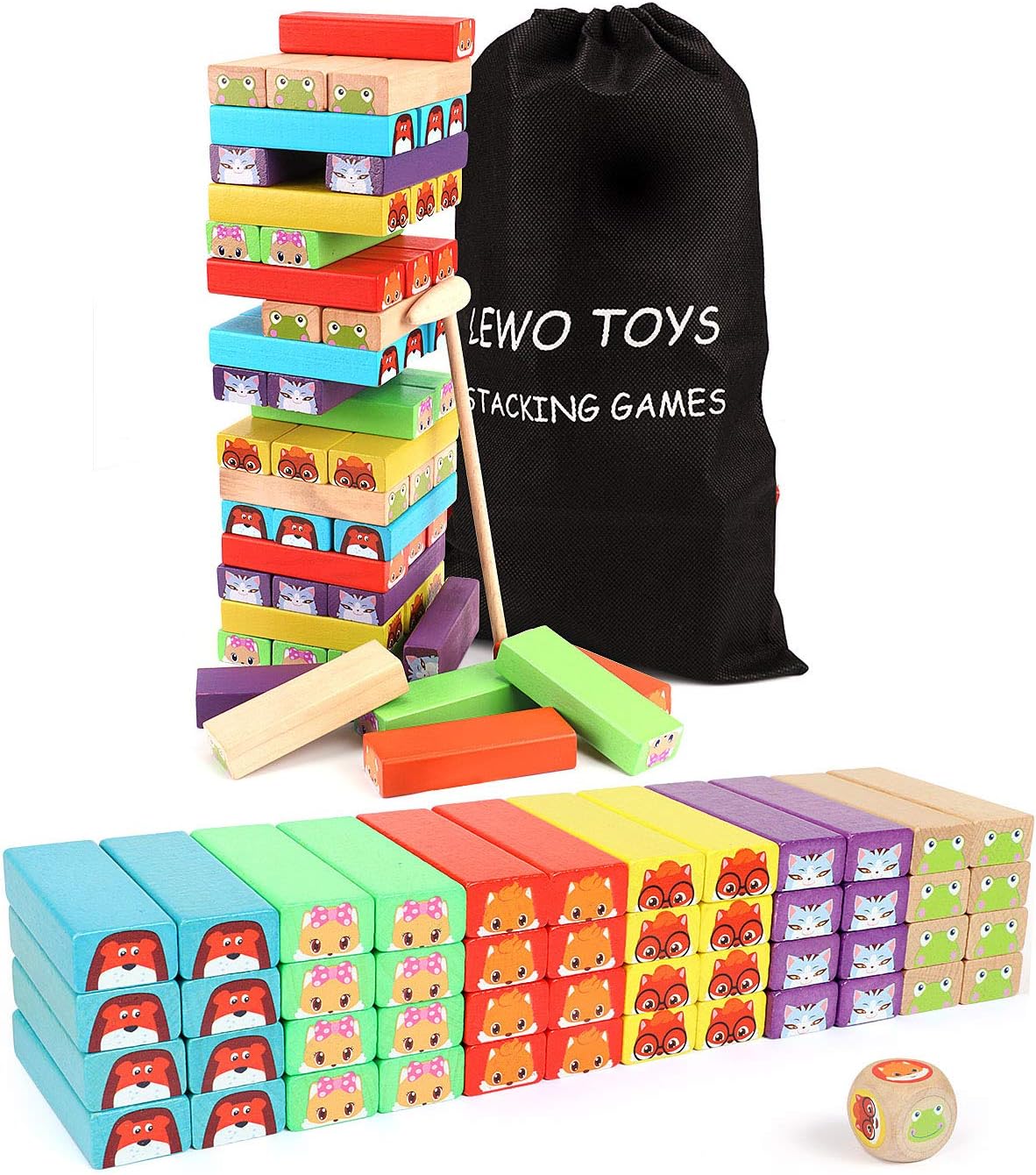 Lewo Colored Stacking Game Wooden Building BlocksTower Board Games for Kids Adults 54 Pieces (Colorful Stacking Gane)