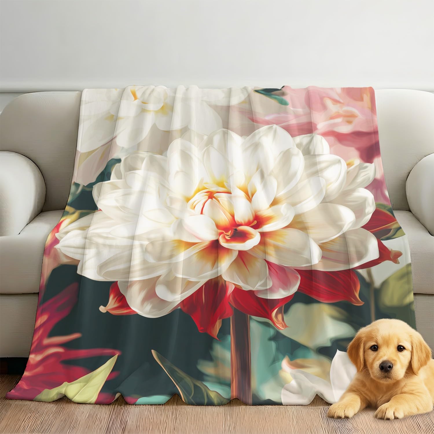Elegancki koc flanelowy w stylu vintage, 150 cm x 180 cm, romantyczny, delikatny, luksusowy, naturalny rośliny, kwiaty, super miękki, ciepły, puszysty koc z nadrukiem, koc z mikrofibry, koc na sofę