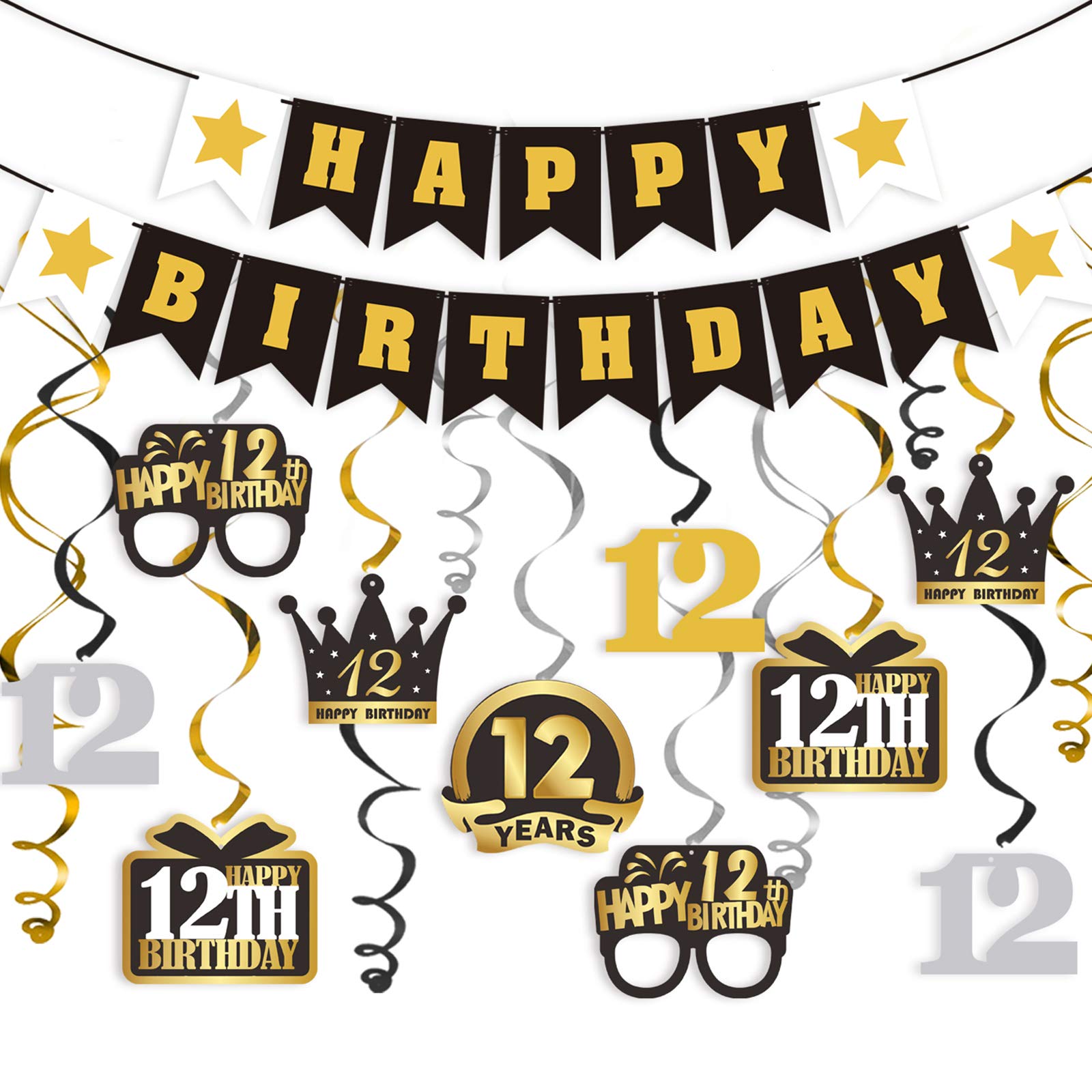 LINGTEER Happy 12th Birthday Decorations Set - 12Pcs Black & Gold Swirls Streamer with Happy Birthday Bunting Banner,Cheers to Twelve Years Old Bday Party Decorations Gift Sign.