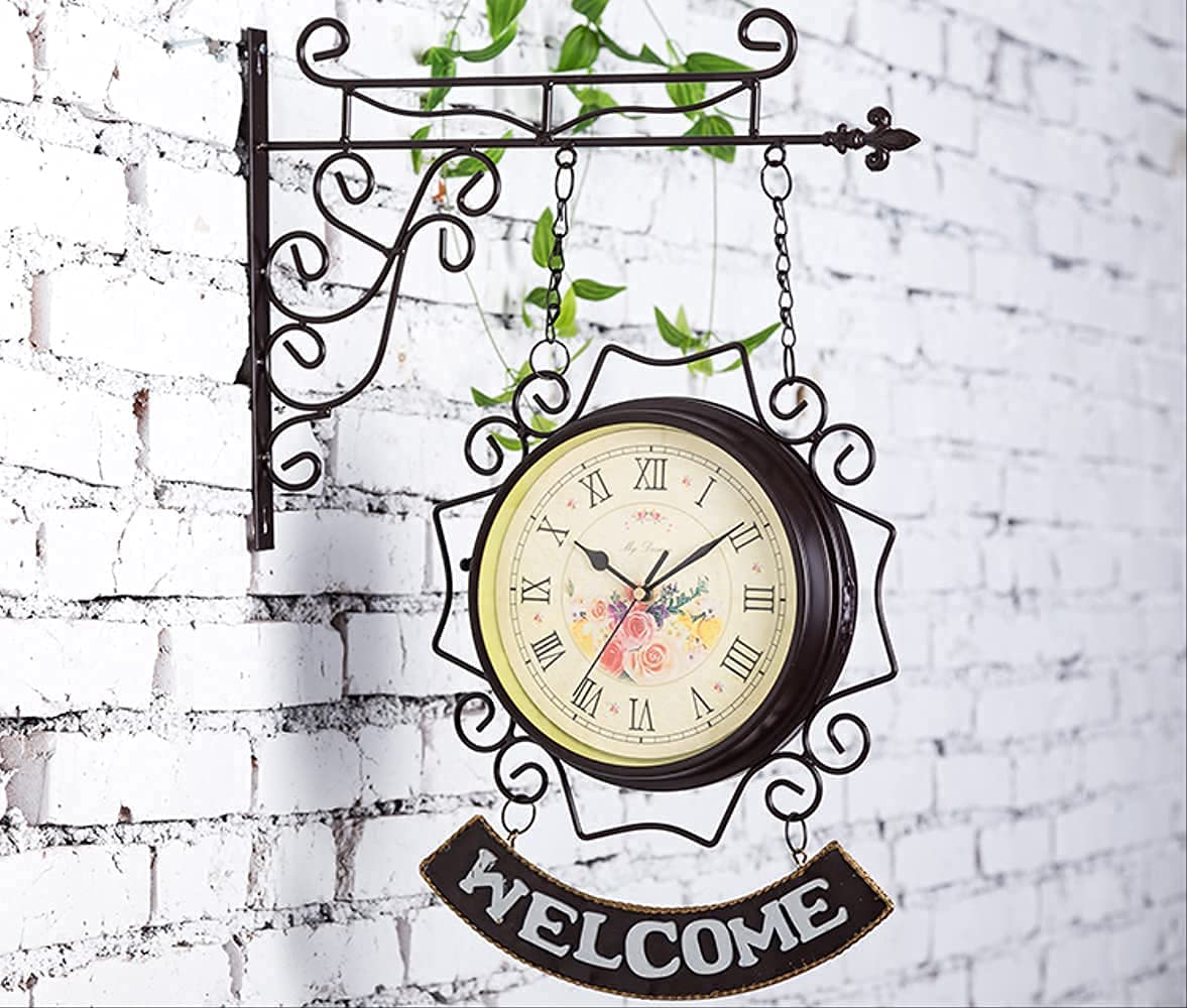 MYUYEE Wall Clock, Outdoor Clock Garden Clocks, Double Sided Retro Clocks Battery Operated Silent,C (C)