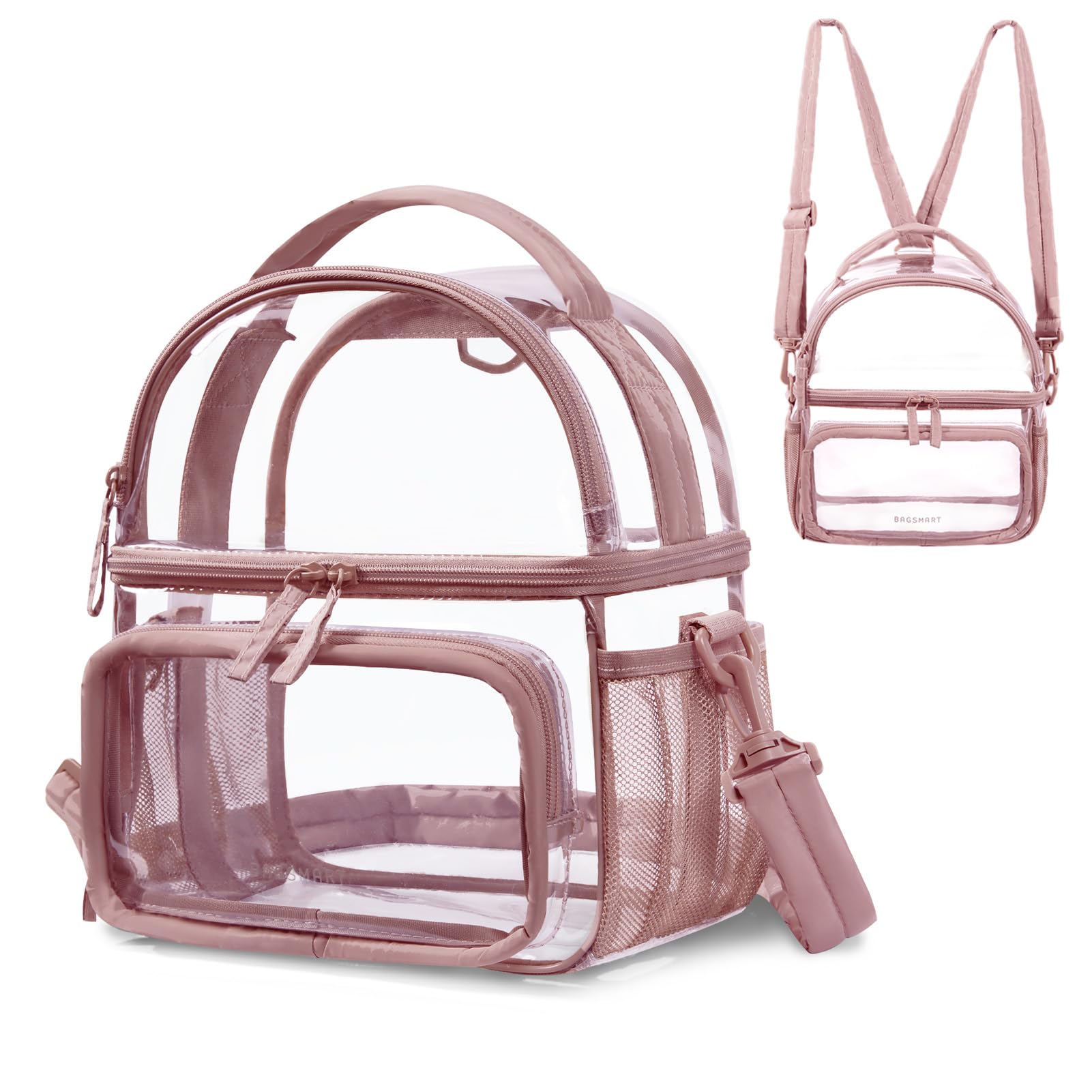 BAGSMART Stadium Approved Clear Bag 12"x6"x12", Double Deck Lunch Box, Convertible to Backpack, Waterproof PVC, Pink