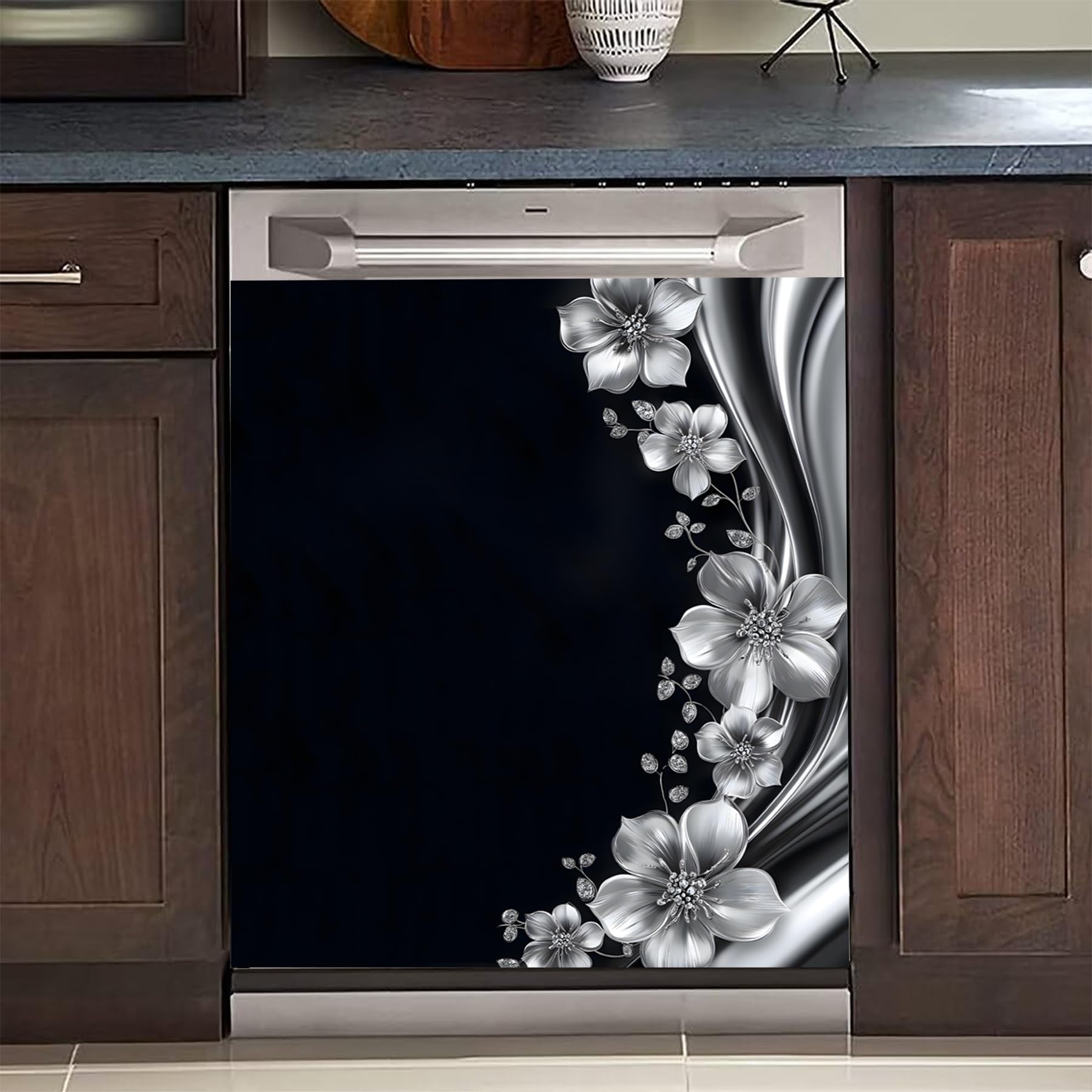 BVBOX Dishwasher Magnet Cover 23"x26", Reusable Magnetic Refrigerator Covers, Decorative Magnets Cover Fridge Door Skin Panel Stickers for Home Kitchen Appliance (Floral Relief, 23"x26")