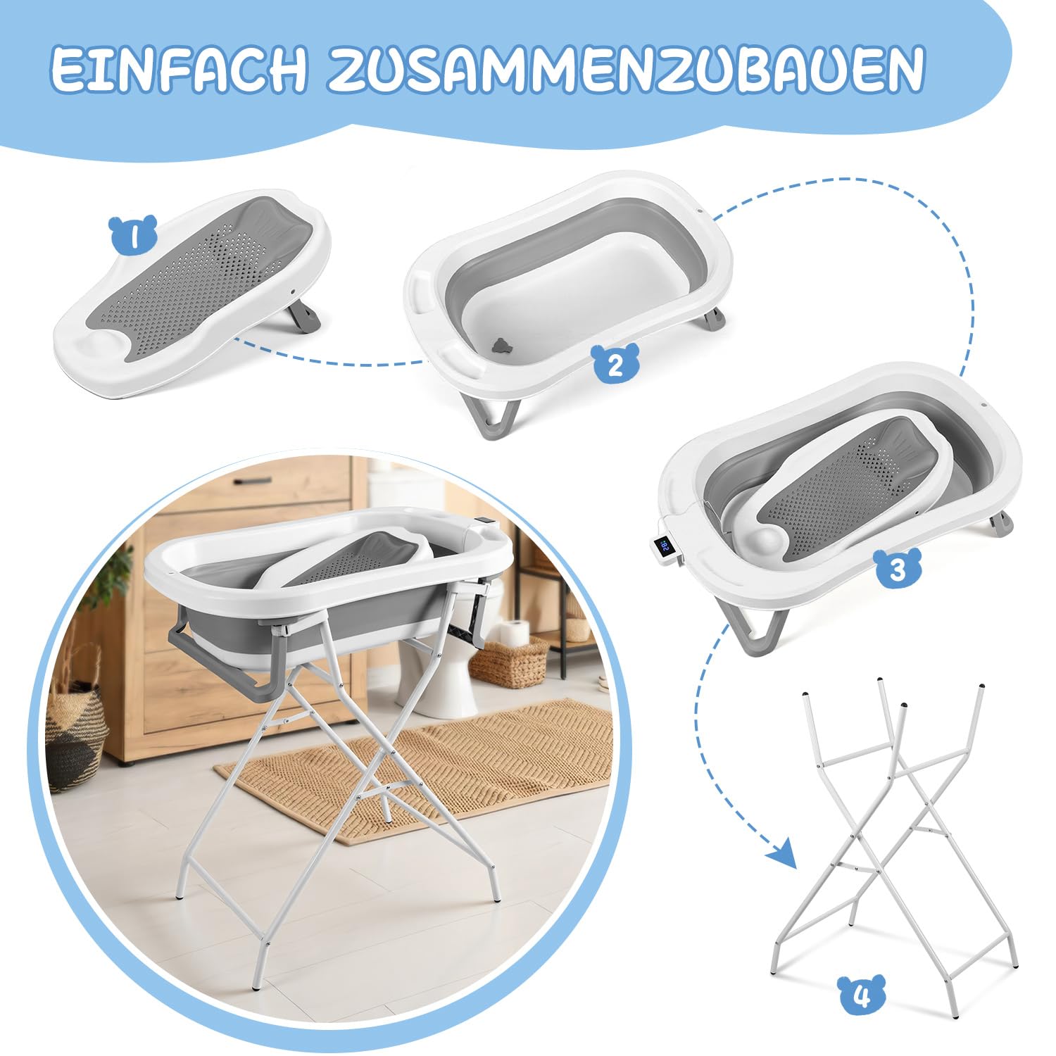 Bañera plegable para bebés con estructura y térmica, color gris con asiento de baño y termómetro extraíble, ahorra espacio, plegable para recién nacidos de hasta 3 años
