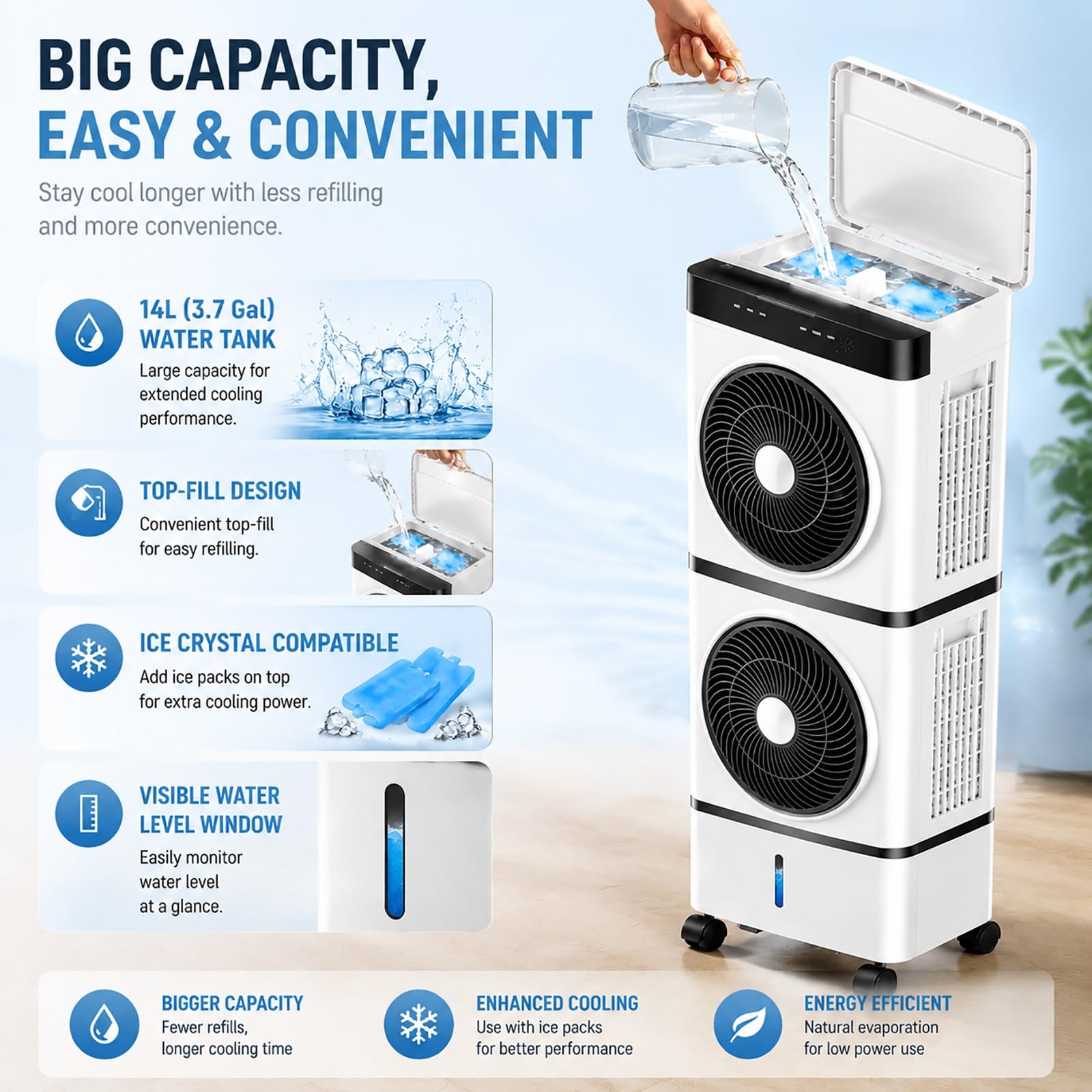 Climatizador Evaporativo Silencioso de 14 L, Temporizador de 12 Horas | Control Remoto, 3 Velocidades, 1200 CFM, 4 Paquetes de Hielo, para Oficinas en Casa