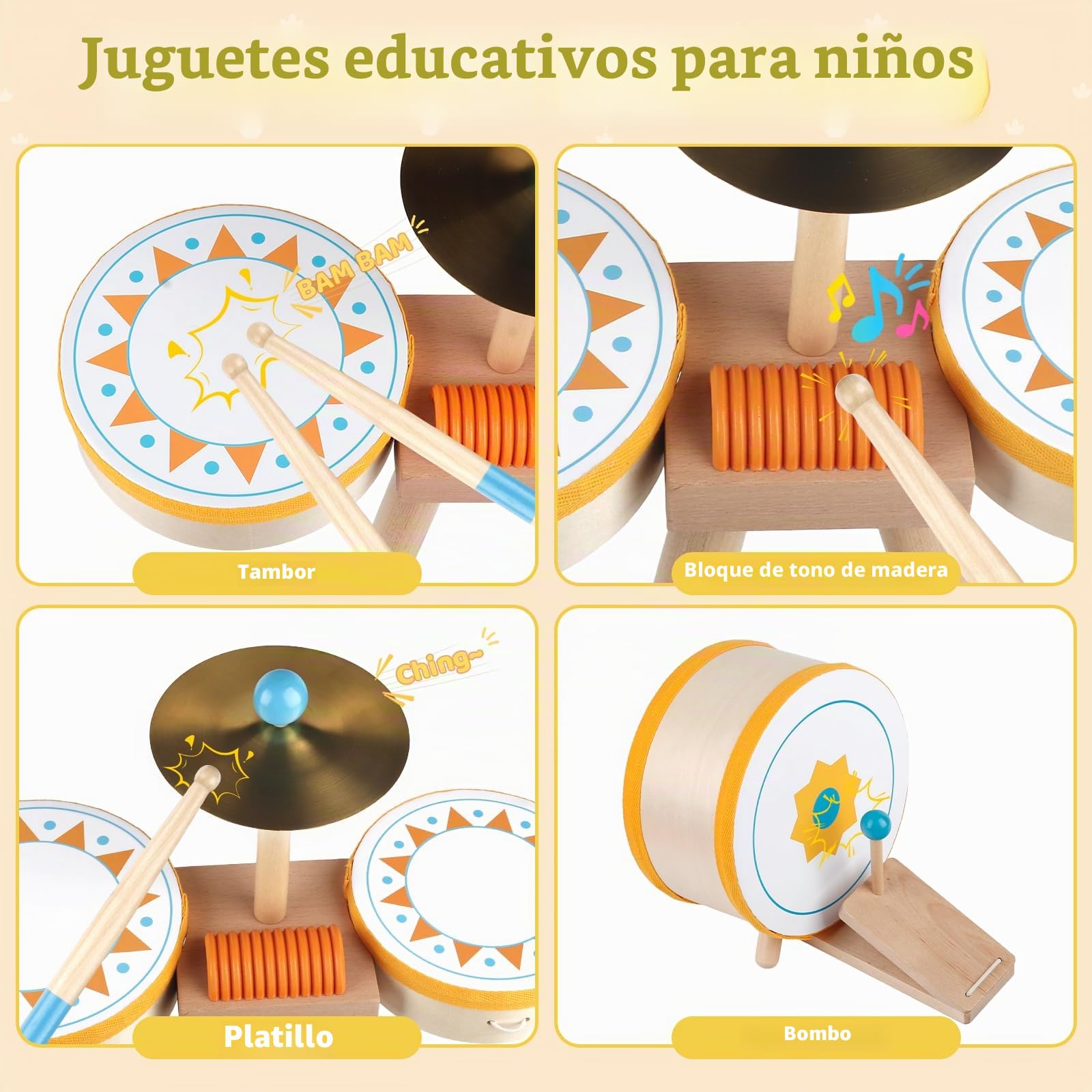 Tambor Montessori para Bebés de 1+ Año | Set de Tambores Educativo de Madera para Niños Pequeños 1-3 Años | Instrumentos Musicales para Bebés, el Regalo Cumpleaños/Navidad para Niños y Niñas