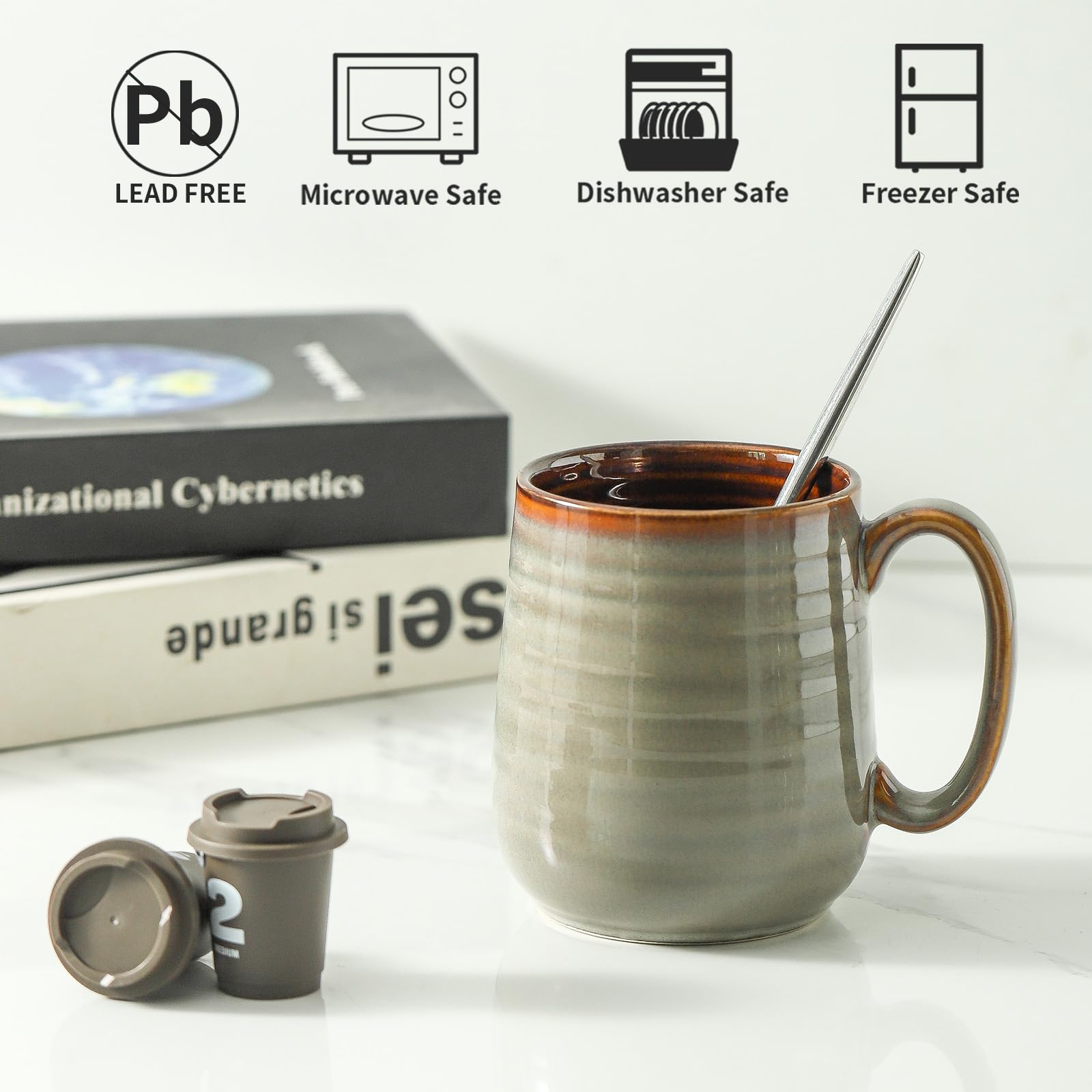 Hasense Set di 4 tazze da caffè in ceramica, 425 ml, tazze da caffè in porcellana, per tè, latte, cioccolata calda, tazze da caffè grandi, adatte al microonde e alla lavastoviglie, colore: grigio