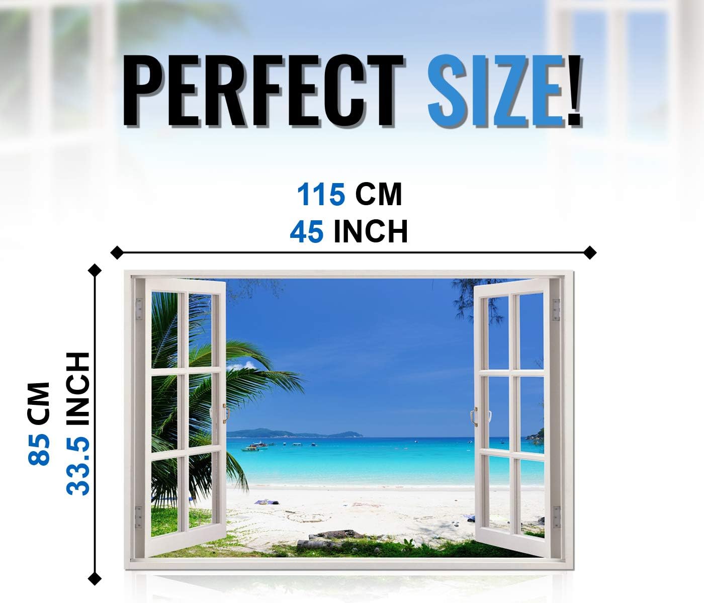 Realistic Window Wall Decal – Peel and Stick Nautical Decor for Living Room, Bedroom, Office, Playroom – Beach Wall Murals Removable Window Frame Style Ocean Wall Art – Vinyl Poster Wall Stickers