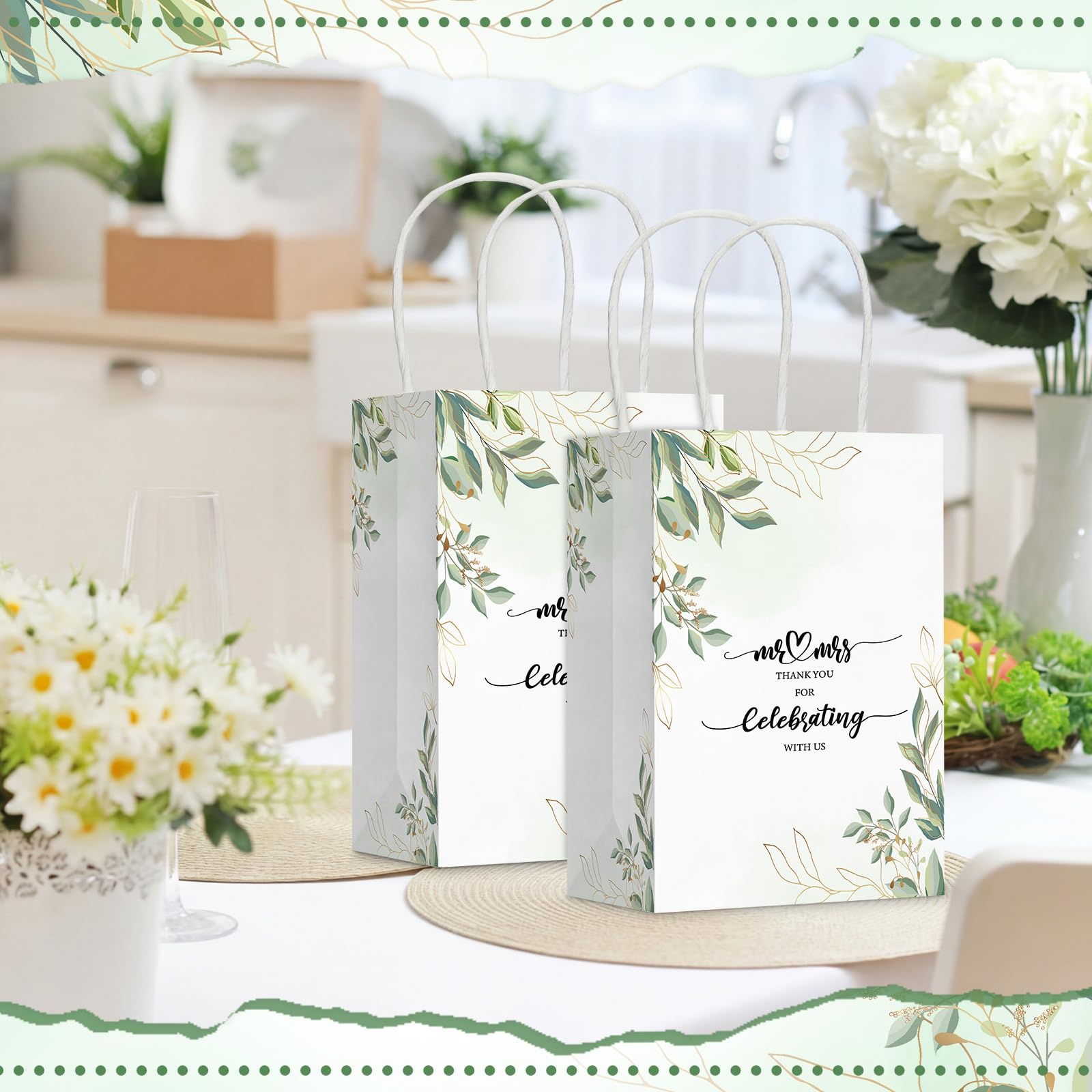 Cholemy 50 Pcs Wedding Welcome Gift Bags Bulk with Handles Thank You Kraft Paper Bags for Guests Wedding Birthday Bridal Shower Baby Shower Party Favors Supplies, 5.91 x 3.15 x 8.27 Inches