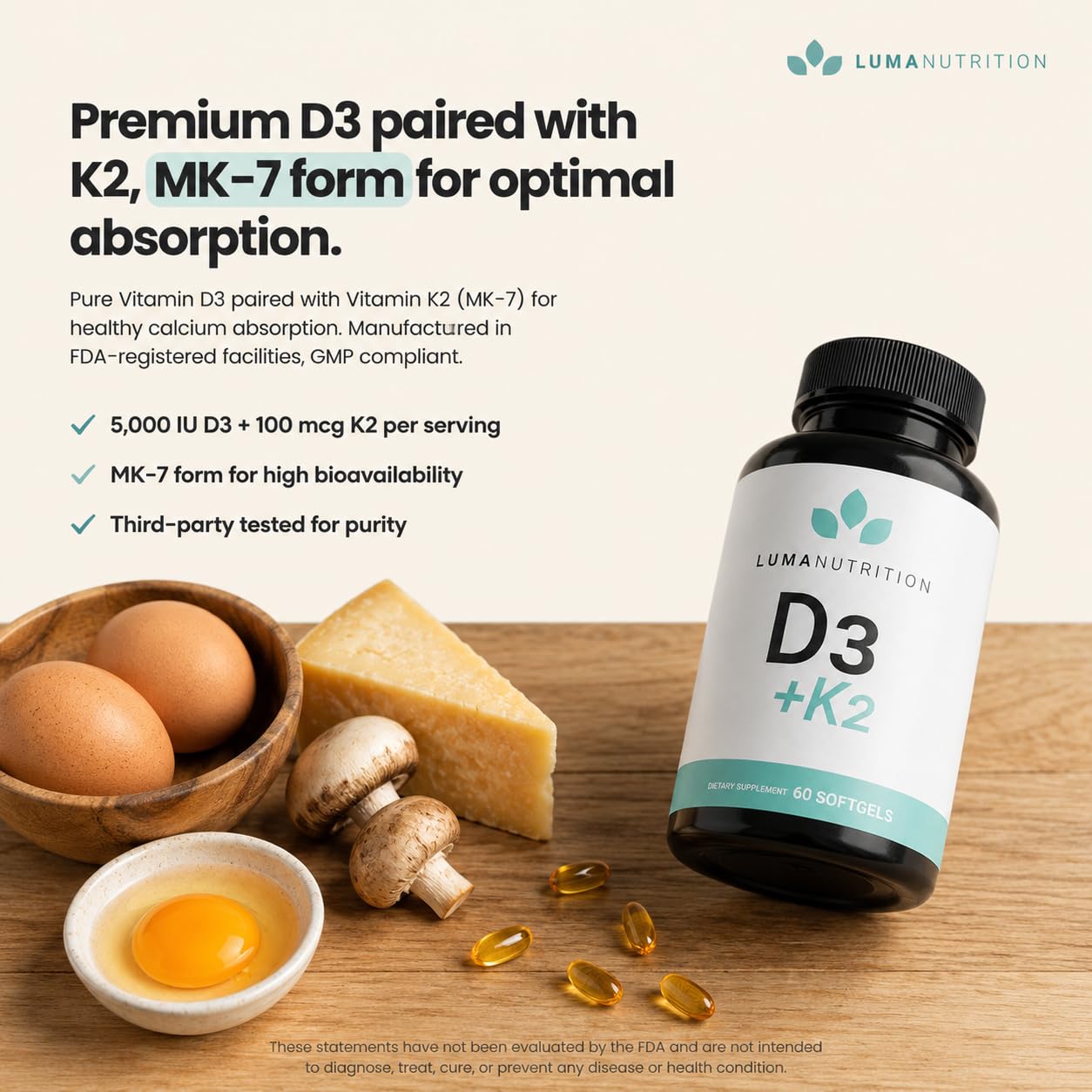 Luma Nutrition Vitamin D3 K2 Supplement 10,000 IU - 60 Softgels — Amazon image 3