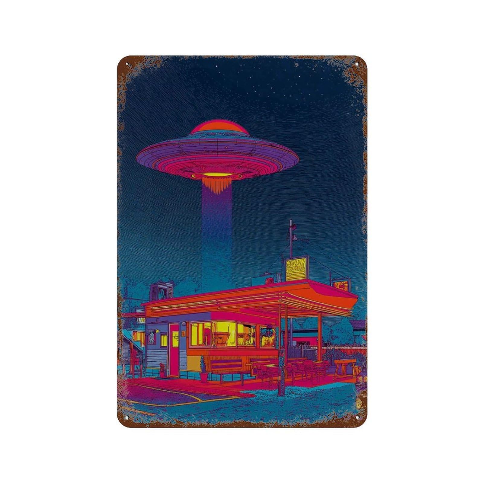 xiaoxiaoshen Retro UFO Diner – Vibrant Neon Alien Abduction S Sci Wall Decor Art Metal Tin Poster Modern Home Decor Art Home Bar Shop Decorations Vintage Sign 30x20cm