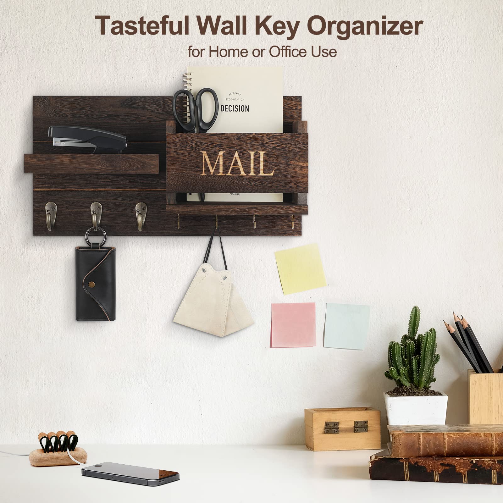 Lwenki Post-Organizer für die Wandmontage, Schlüsselhalter mit Ablage inklusive Briefhalter und Haken für Flur, Bauernhaus-Dekor, rustikales Holz mit bündiger Montage (41,9 x 23,1 x 8,6 cm) (braun)