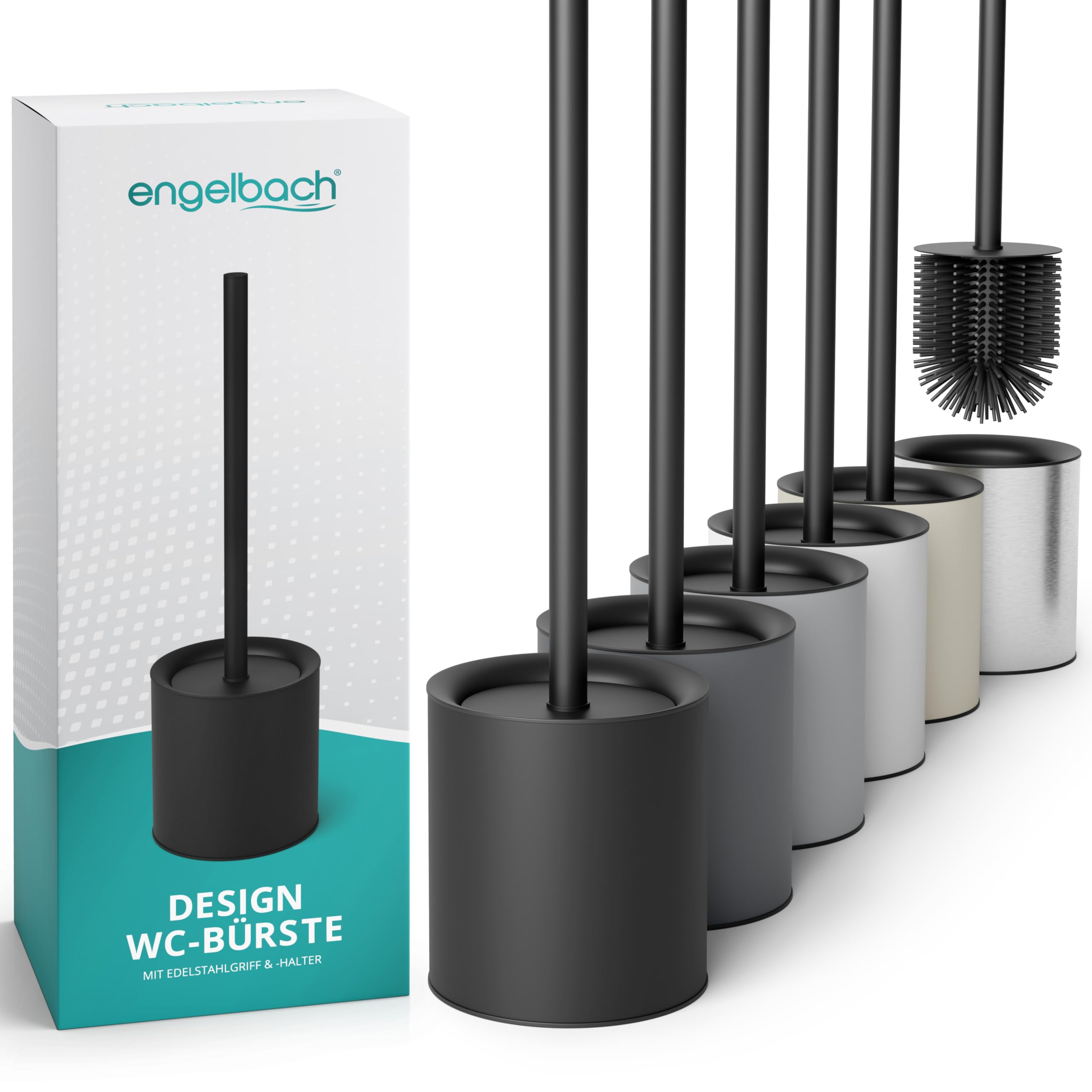 Engelbach® Klobürste Silikon schwarz mit Edelstahl Griff & Halter – Antibakterielle Design Toilettenbürste – WC Bürste, Klobürstenhalter modern
