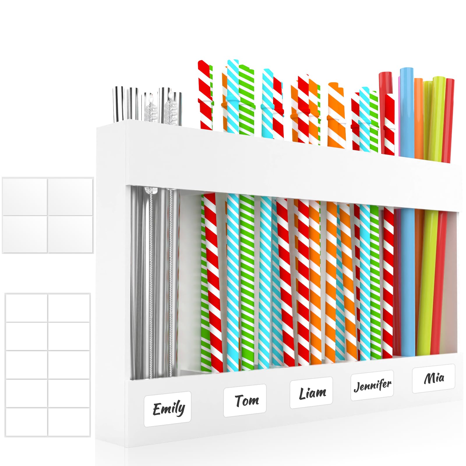 Rycid 9.5” Large Acrylic Straw Holder for Cabinet Door with Detachable Ultra Sticky Adhesive Squares and Stickers, 2026 Reusable Straws Organizer