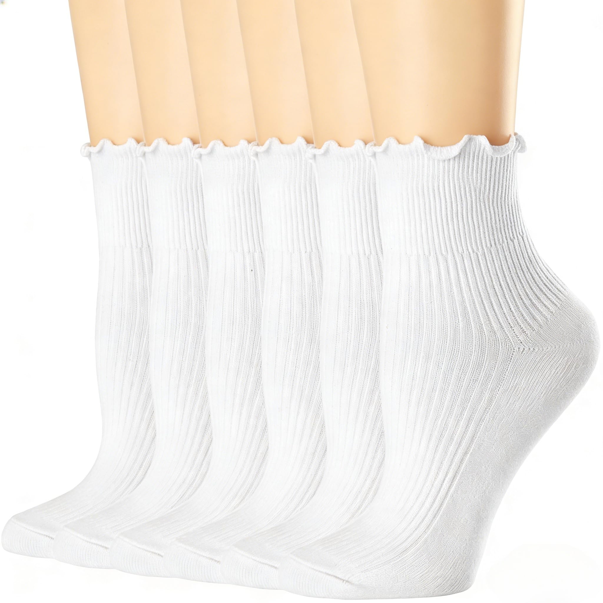 LSYZHX 6 Pack Womens Ruffle Socks, Ankle High Cotton Frilly Socks Turn Cuff Lettuce Edge Ankle Crew Socks for Women (White)