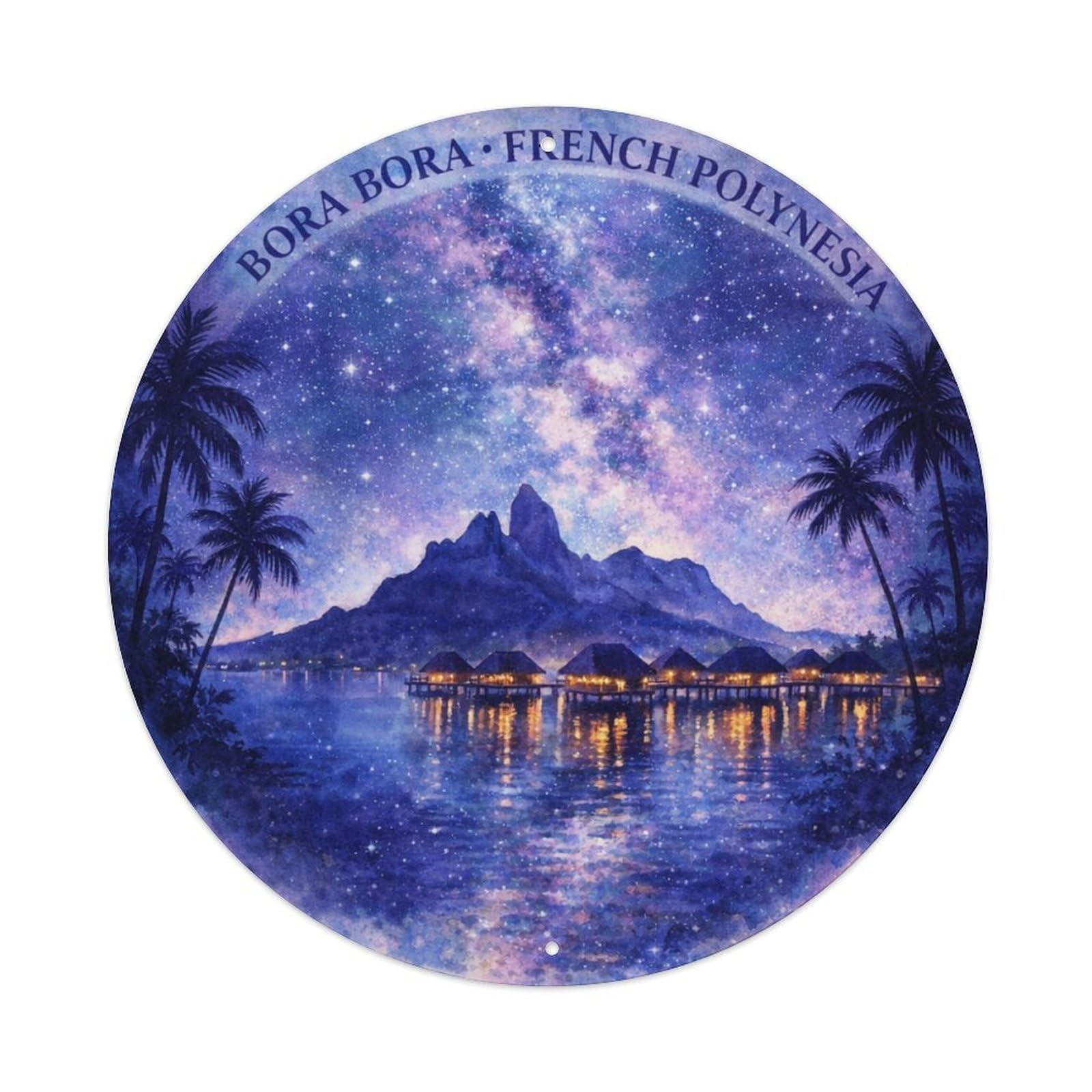 Olyhtr 8X8inch Classic Style Starry Night Borabora Lagoon Watercolor Travel Metal Tin Sign