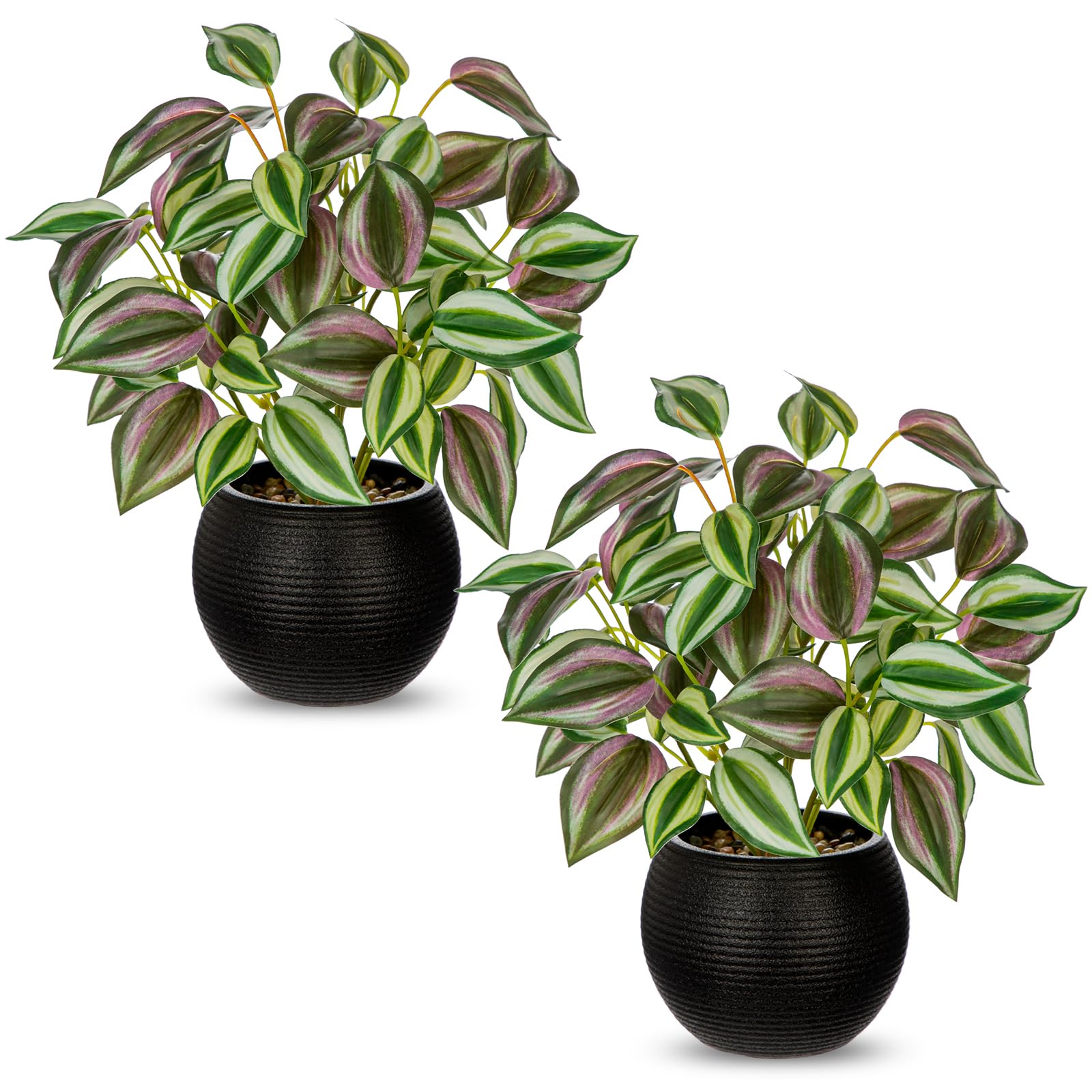 Briful Set of 2 Small Artificial Plants in Pot - Tradescantia Zebrina Fake Plants in Black Pots, 11.8" Decorative Houseplant Artificial Greenery for Living Room, Office, Shelf, Table Decoration