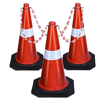 ABS INDUSTRY Safety Cones 3 Cones with 3 Meters S Hook Safety Chain and 3 Hooks Multipurpose PVC Plastic Traffic Safety Cone with Black Rubber Weighted Base and Highly Visible Reflective Collar