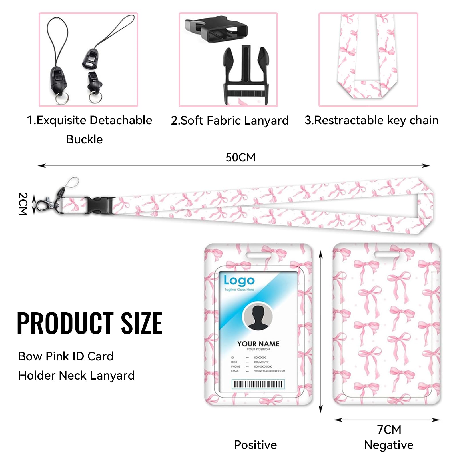 Calkkrer ID Card Holder Sweet Pink Bow Lanyard for Women, Detachable Card Holder for Work ID, Name Tag and ID Cards, Stylish Office Accessories - Image 2