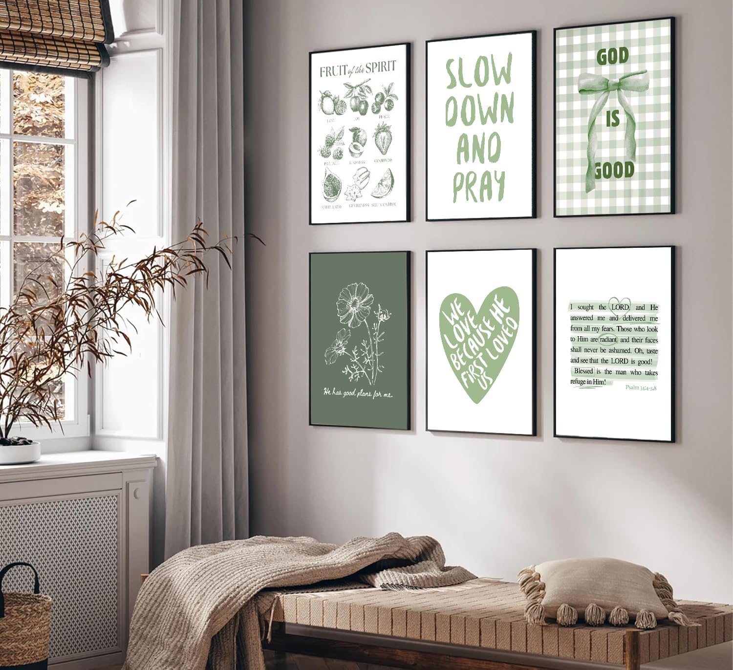Set of 6 Christian Wall Art Bible Verse Canvas Wall Decor pictures Green Botanical Floral Scripture Poster Prints for Girls Room Living Room Bedroom Home Decor Unframed (12x16in poster)
