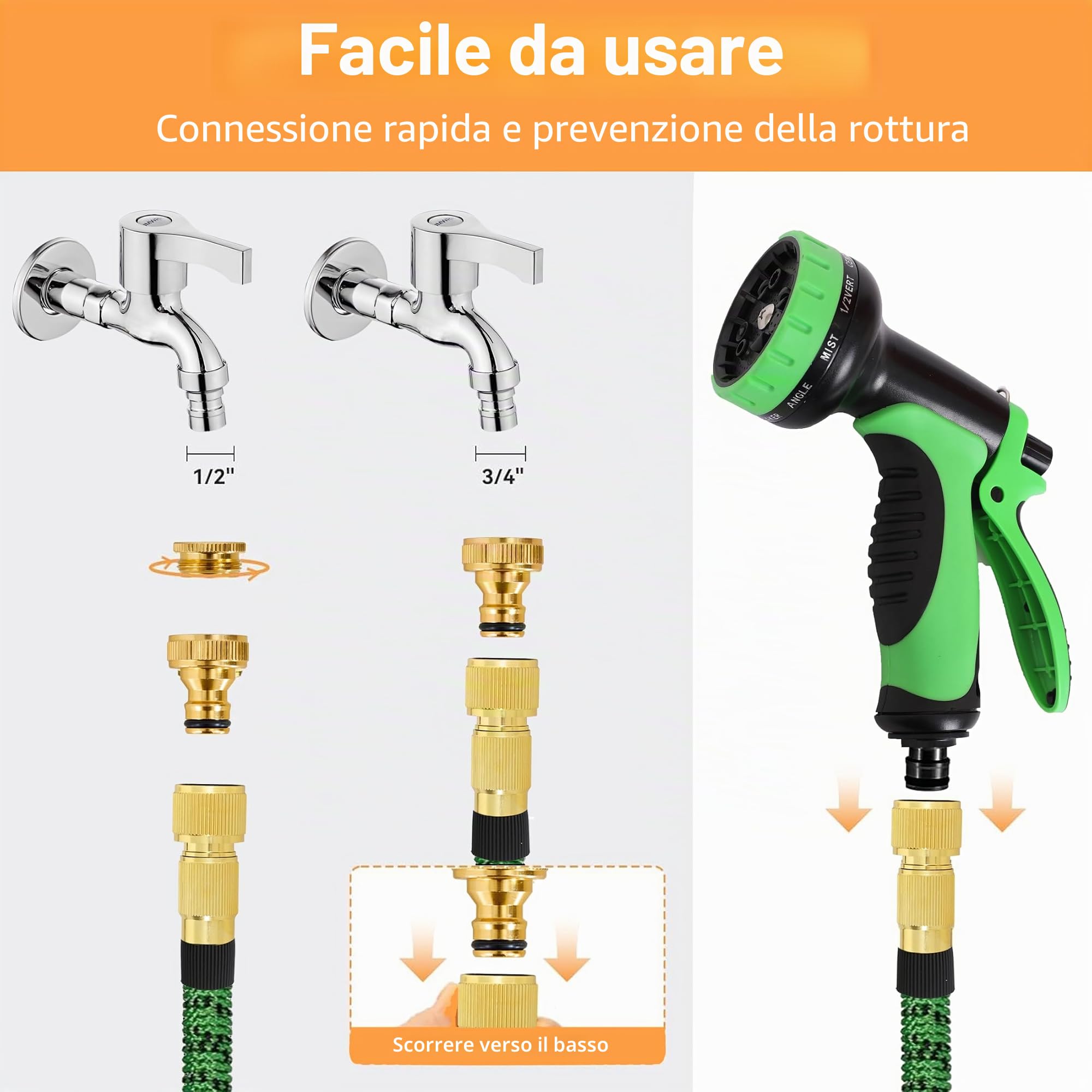 Tubo da Giardino Estensibile Tubo da Giardino 100FT/30m, Tubo per Irrigazione con Ugello a 10 Funzioni,Tubo Irrigazione con Raccordi in Ottone da 3/4" Per Lavaggio Auto, Giardino, Prato (100FT/30m)