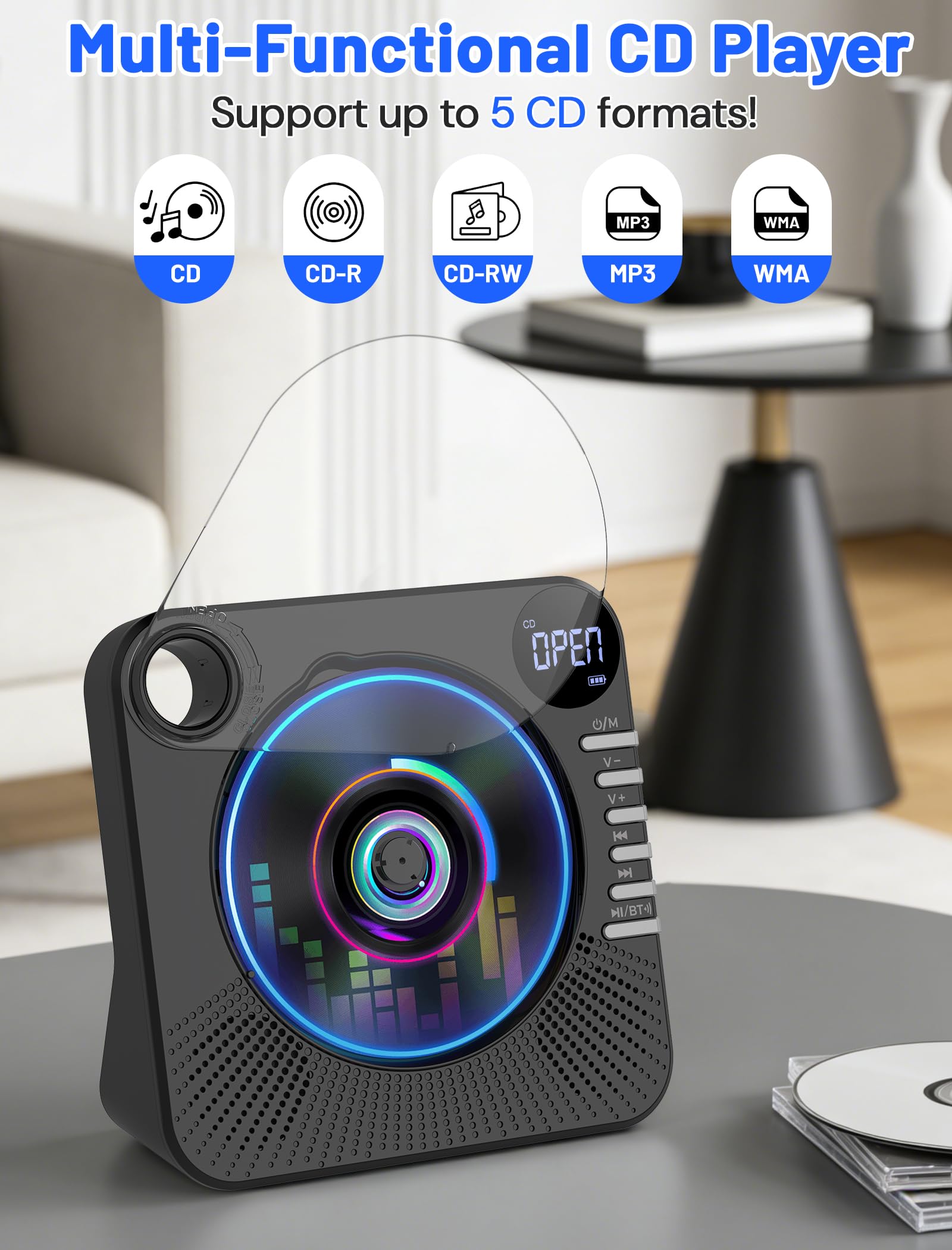 Gracioso Lettore CD portatile con Bluetooth, 4000mAh ricaricabile, altoparlanti stereo HiFi, telecomando, 5 EQ, ripetizione A-B, display a LED, USB/AUX/jack da 3,5 mm