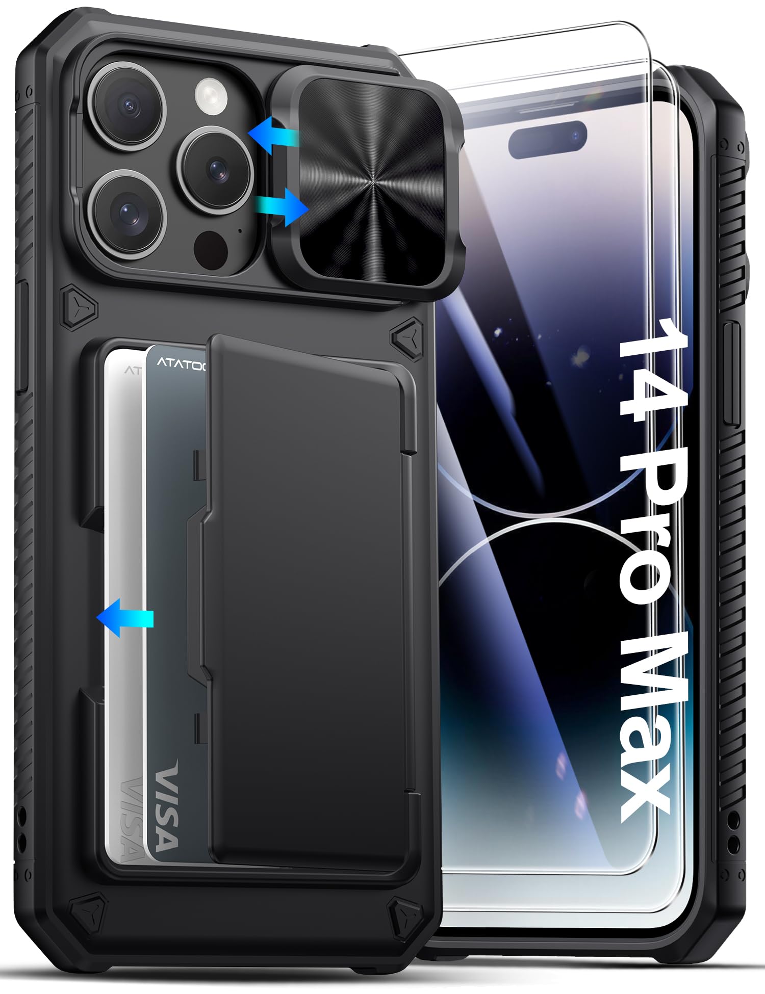 ATATOO for iPhone 14 Pro Max Case, Card Holder, 2X Screen Protector, Black