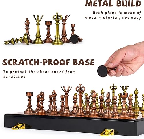 Miniatura 2 de Juego de ajedrez de metal vintage para adultos, tablero de ajedrez de madera de 15 pulgadas con piezas de ajedrez de metal, juego de ajedrez de