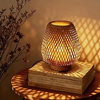 Vista 1 de Table Lamp with Double Layer Woven Shade Wood Base,Desk Bedside Small Lamps with 6ft Power Cord, 110V Plug, Dimmable E26 Socket (Bulb Included) for