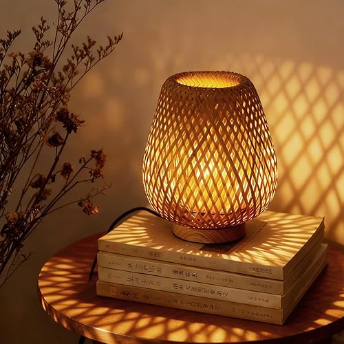 Lámpara de mesa con base de madera tejida de doble capa, lámparas pequeñas de escritorio con cable de alimentación de 6 pies, enchufe de 110 V,