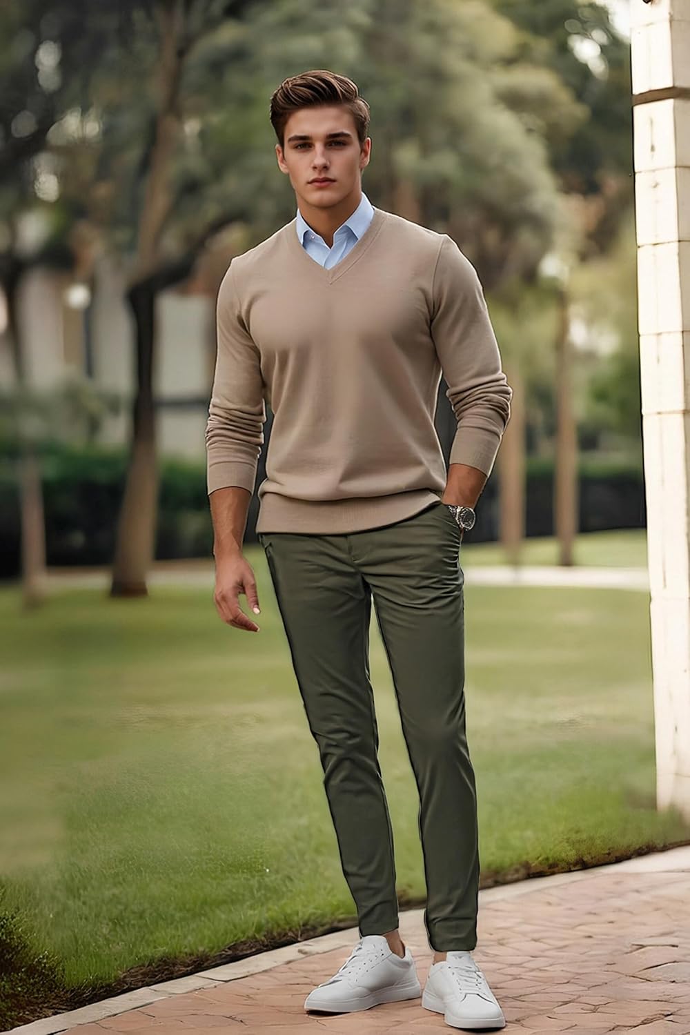 Plaid&Plain Men's Skinny Stretchy Khaki Pants Colored Pants Slim Fit Slacks Tapered Trousers - Image 3