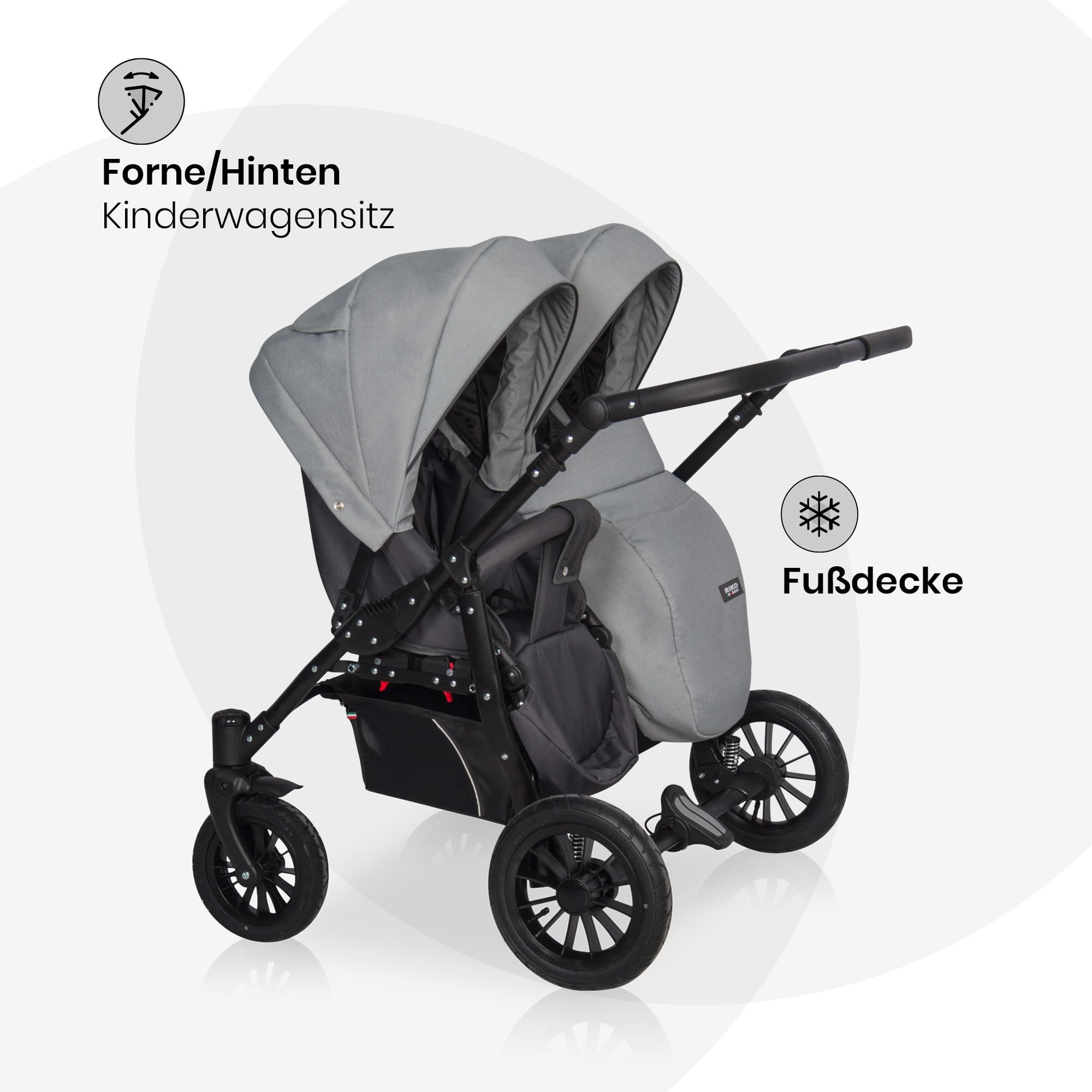Riko Basic kinderwagen 2 in 1 SAXO für Zwillinge – 2 baby Gondeln – kinderwagen für 2 kinder – Ventilatoren und Verdeck – geräumiger Korb und Tasche – Zentralbremse – Onyx