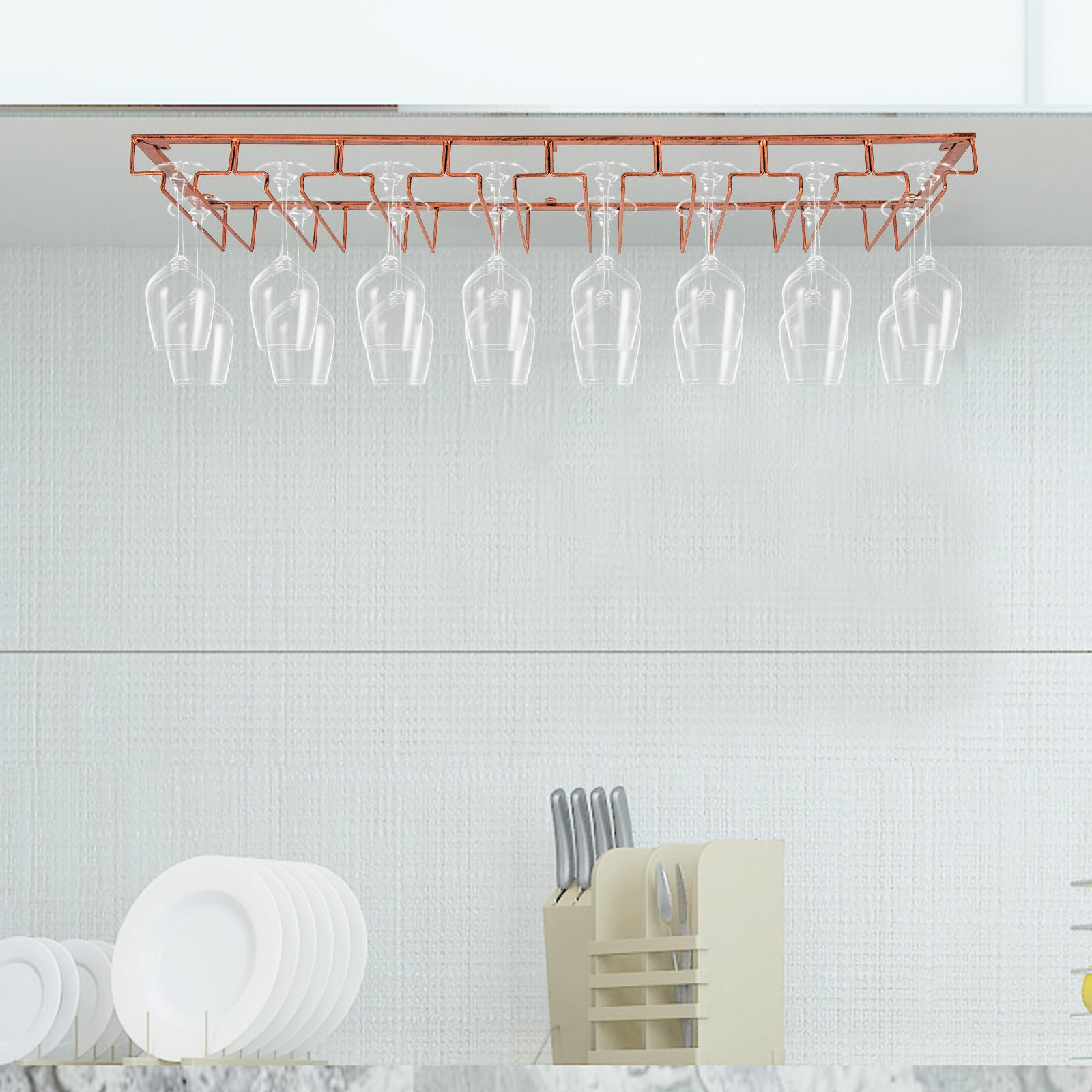 Modern 31in 8 Row Wine Glass Holder, Mental Wine Glass Rack Under Shelf Extreme Large Stemware Hanger, Bar Wine Glass Storage Organize Rack for Home Kitchen Bar Counter Club Hotel (Bronze)