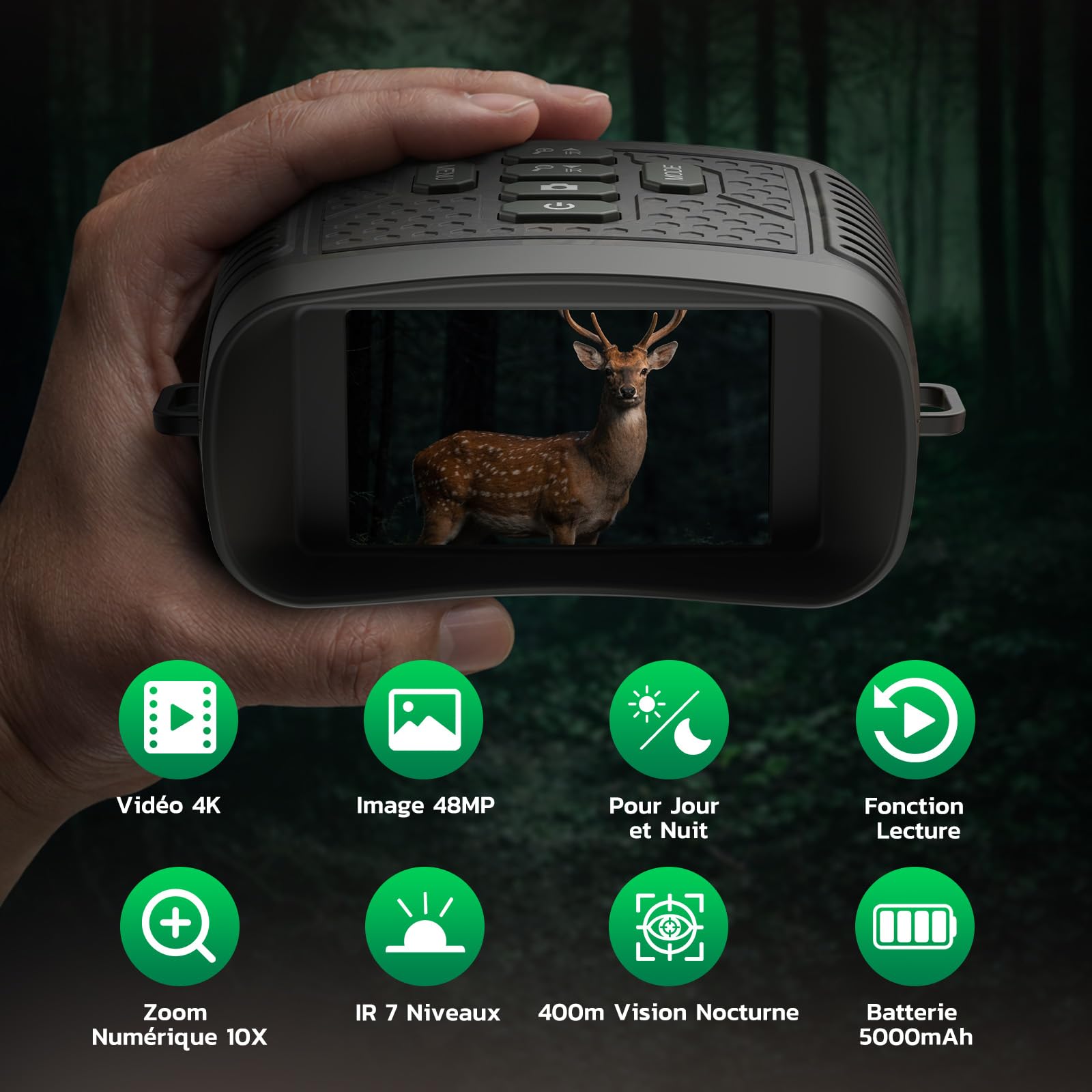 Jumelles Vision Nocturne 4K 48MP avec Zoom 10x, Batterie 5000mAh Rechargeable, Portée 400m, pour Chasse, Observation Animale, Camping et Sécurité