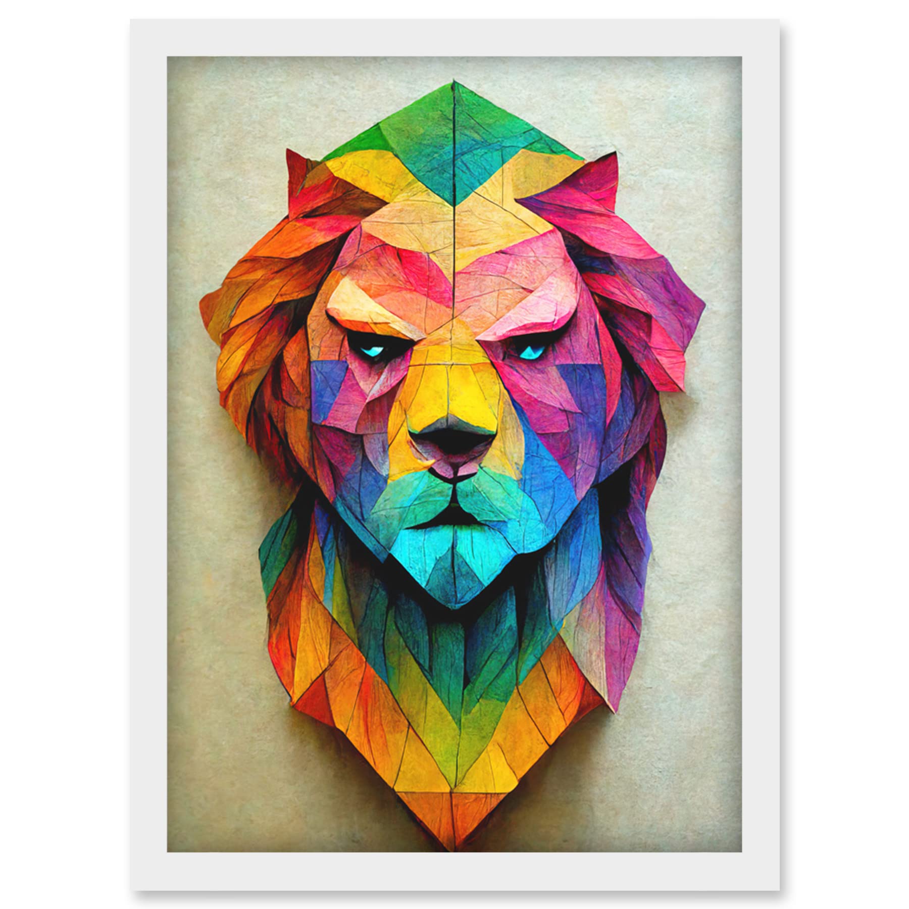 Doppelganger33 LTD Vibrant Geometric Lion Head Decoupage Artwork Framed Wall Art Print A4