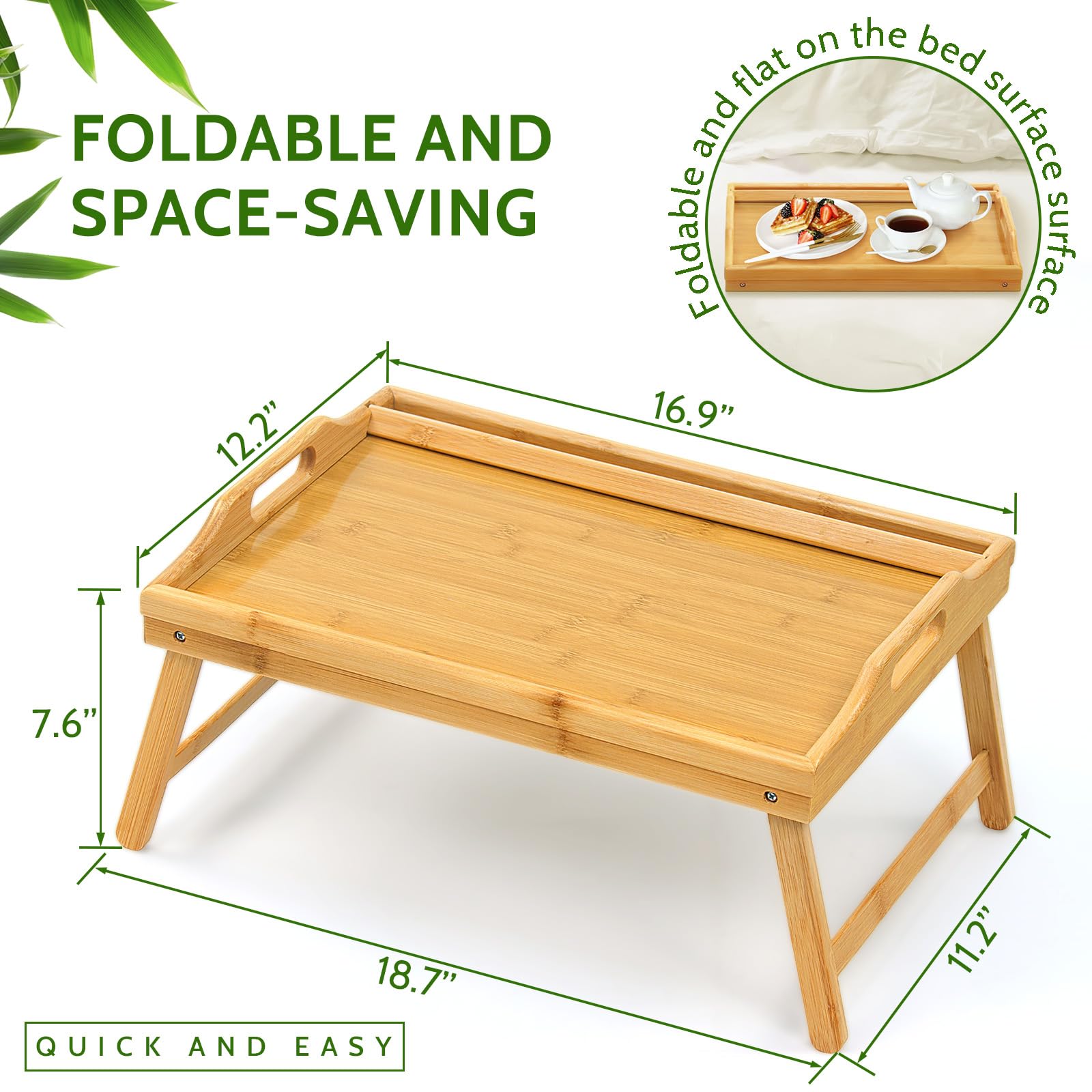 Tray Table for Bed, Bamboo Breakfast Tray with Folding Legs and Handles, Natural Color Bed Tray with Media Slot, Ideal for Eating, Serving or Working in Kitchen, Sofa or Bedroom