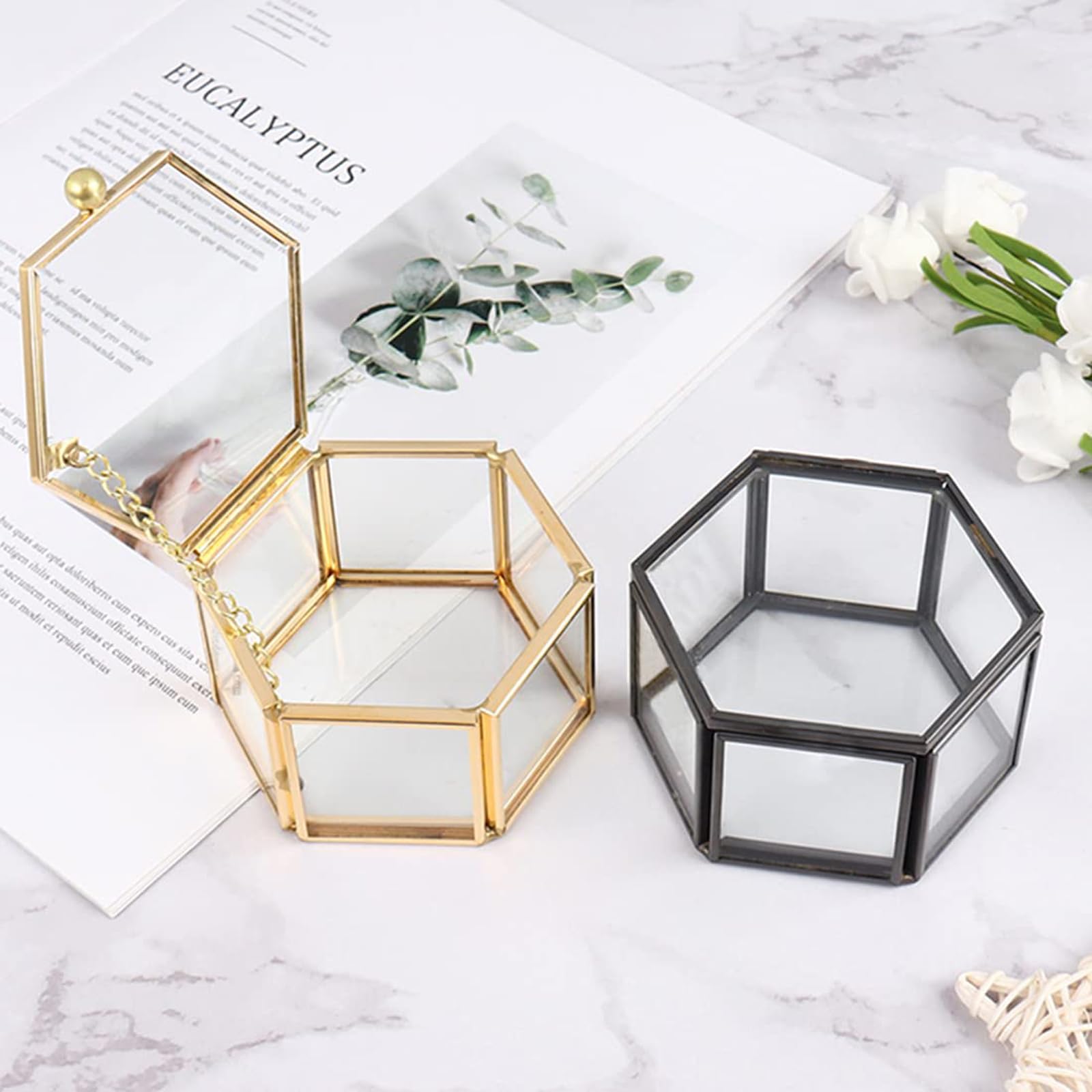 Scatola Portagioie In Vetro Esagonale Con Coperchio Dorato, Portagioie Geometrico, Per Anelli, Orecchini E Collane, Regalo Elegante