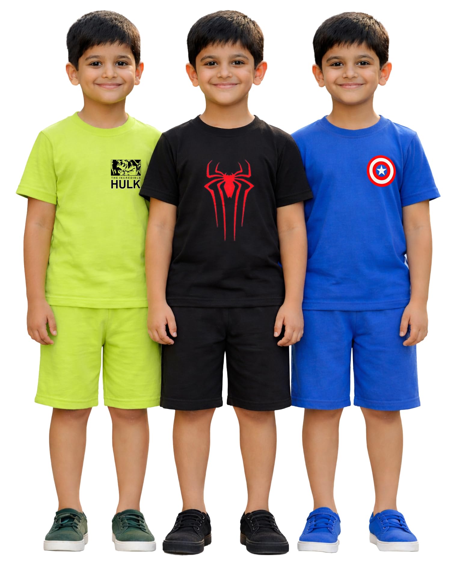 Kuchipoo © Marvel Boys Superhero Printed T-Shirt & Shorts Set | Hulk, Spiderman & Captain America Back Print | Cotton Summer Co-Ord Set | Pack of 3